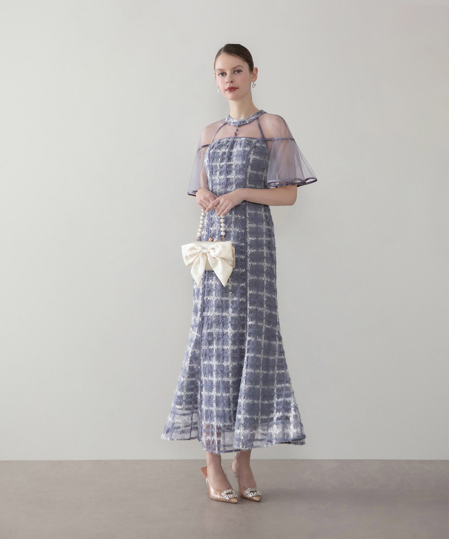 【当日発送】ラメシャギーツイードチェックフリルマーメイドワンピースドレス