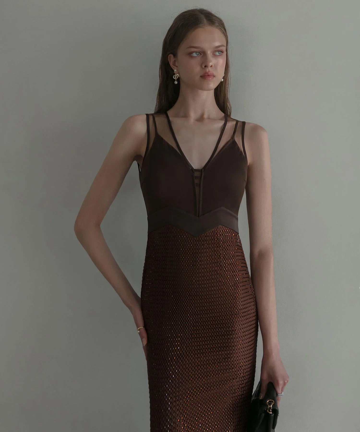 【LEJA LUXE】VネックメッシュストーンIラインドレス