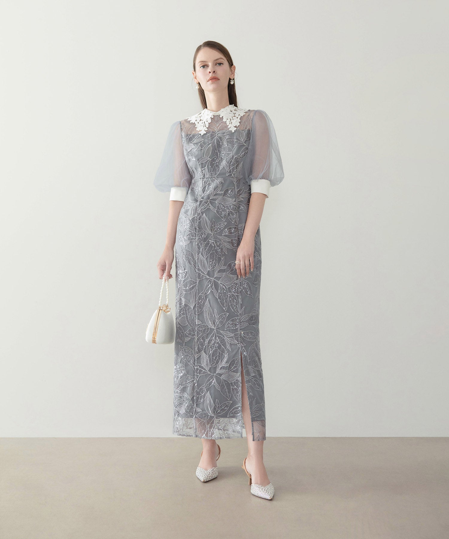 【当日発送】レースカラーリーフスパンコールパフスリーブIラインワンピースドレス