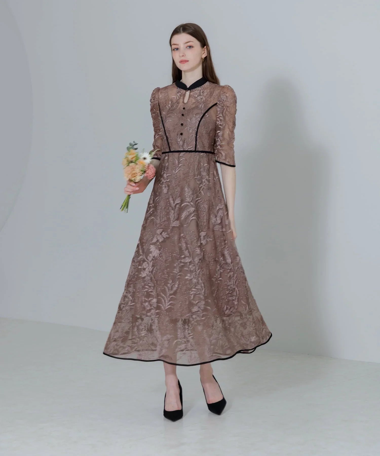 【当日発送】花柄チュールパフスリーブワンピースドレス