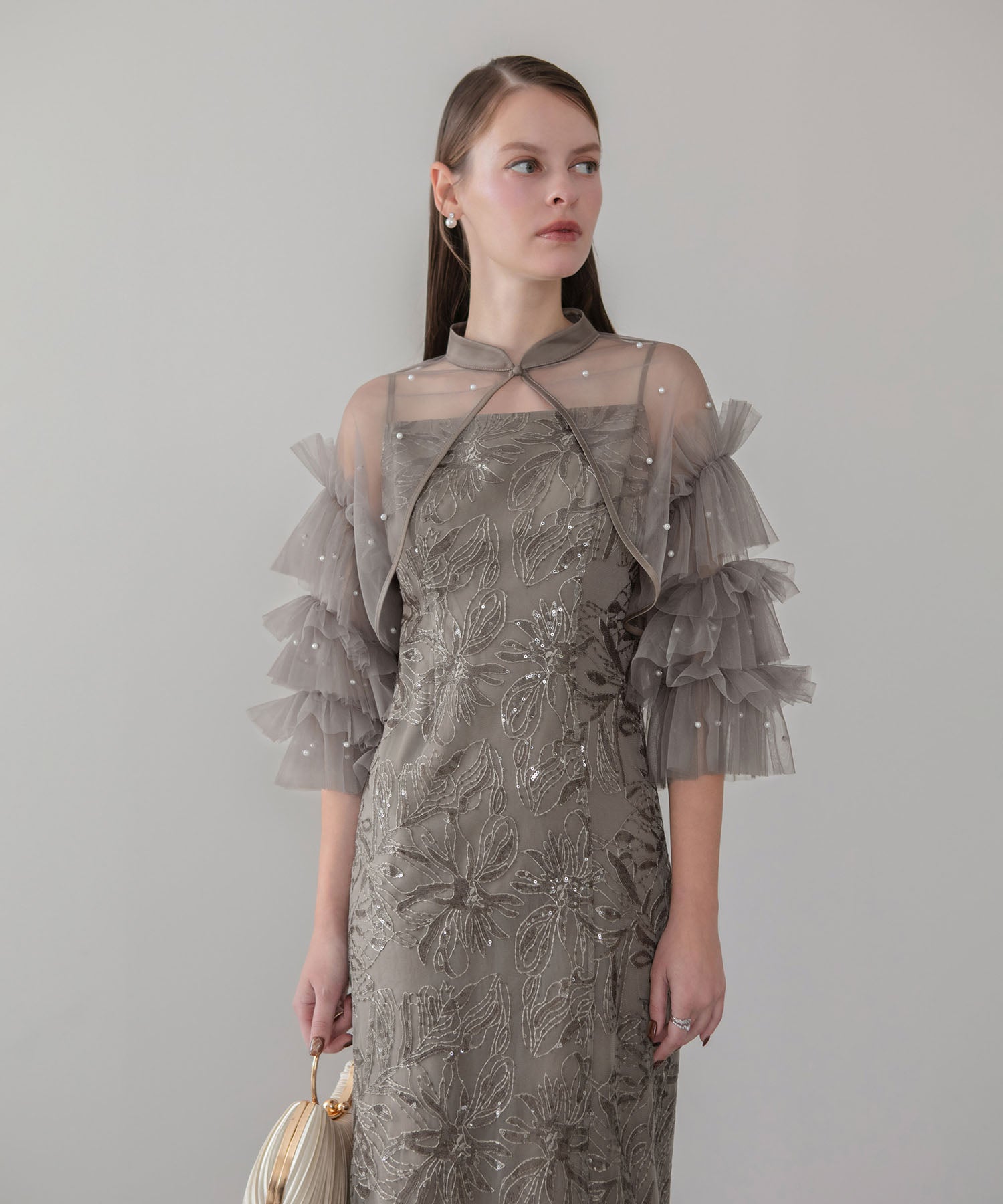 【一部当日発送】パールフリルチュールボレロレイヤードIラインワンピースドレス