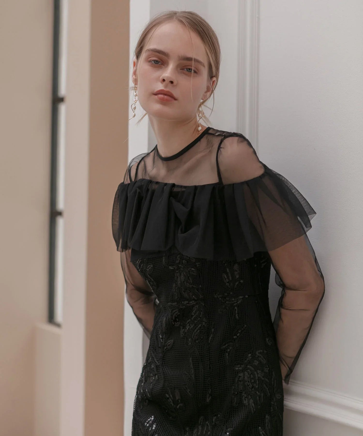 【当日発送】2WAYアシンメトリーフリルチュールフラワーIラインワンピースドレス