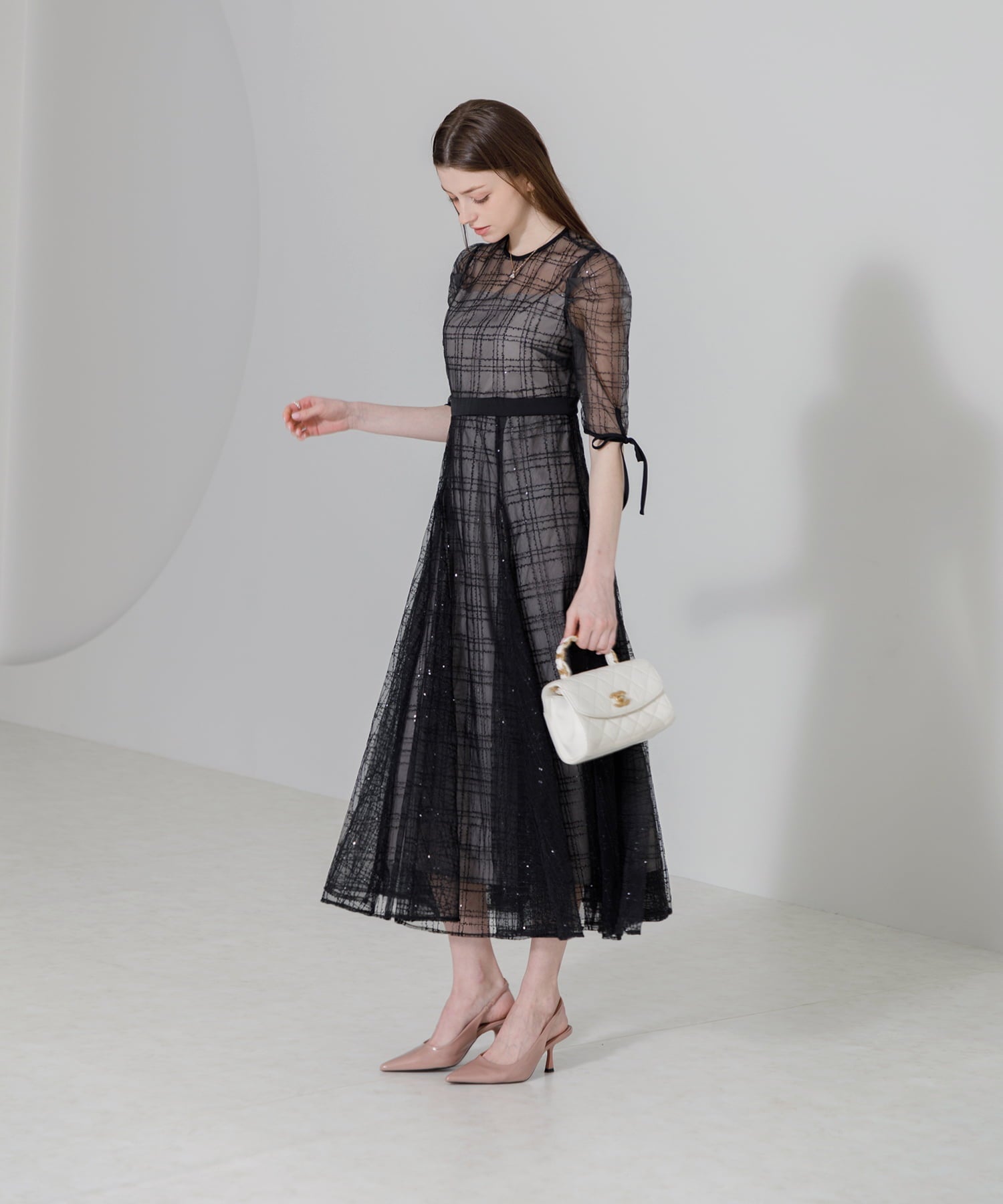 【当日発送】チェックスパンコールリボンワンピースドレス