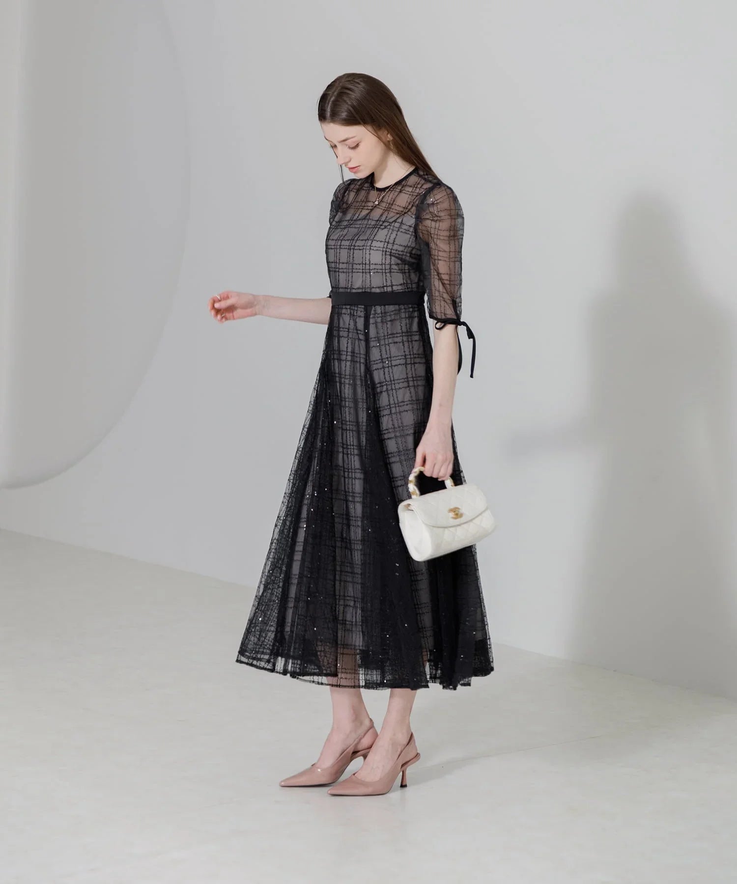 【当日発送】チェックスパンコールリボンワンピースドレス