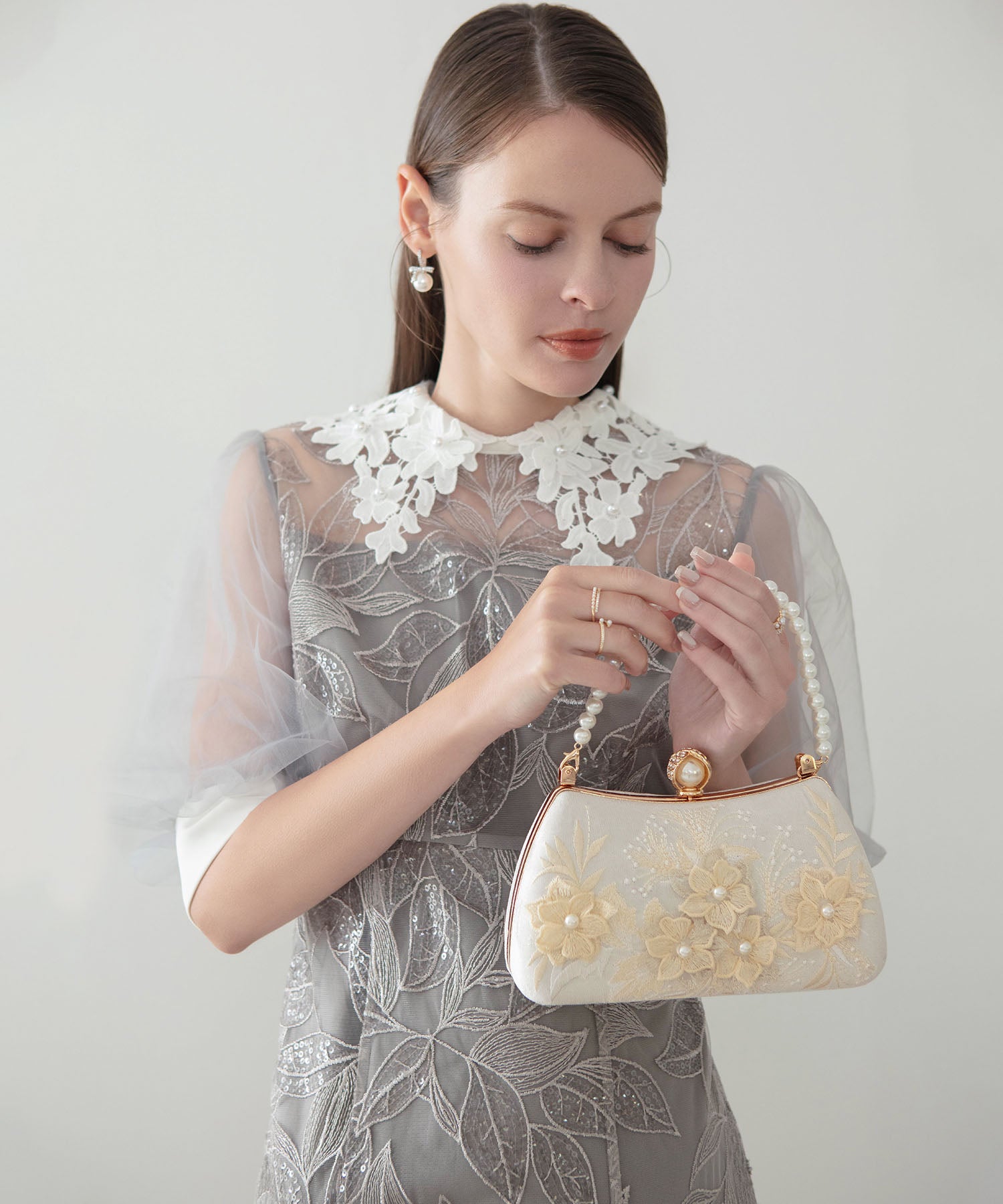 【当日発送】3WAYフラワーパールハンドルパーティーバッグ