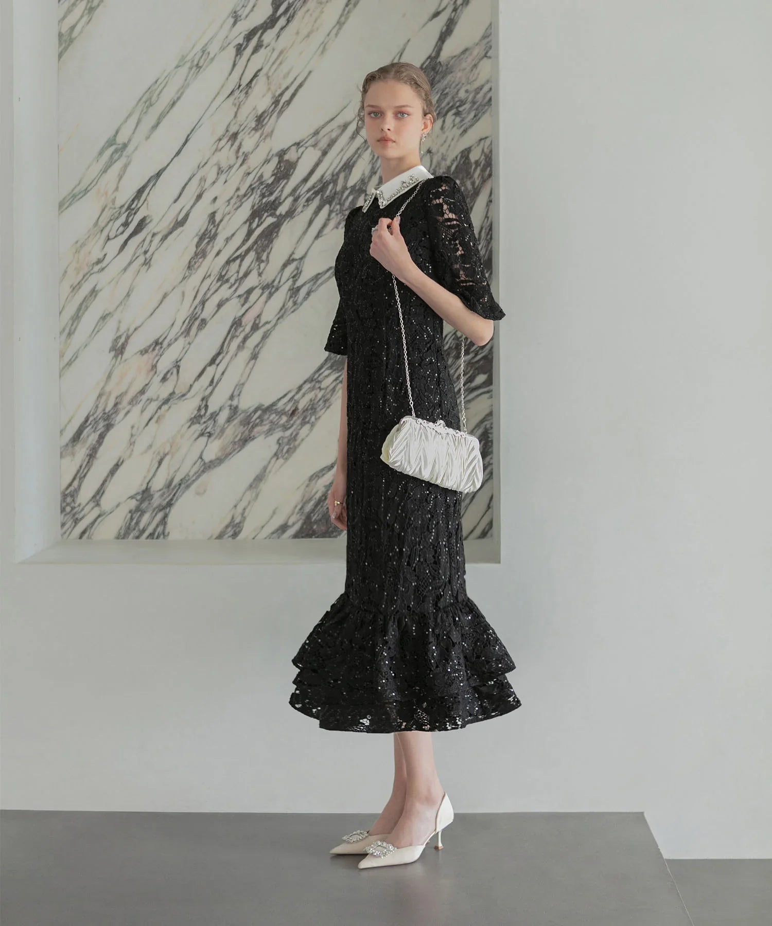 【当日発送】ビジューカラーフラワーフリルマーメイドワンピースドレス