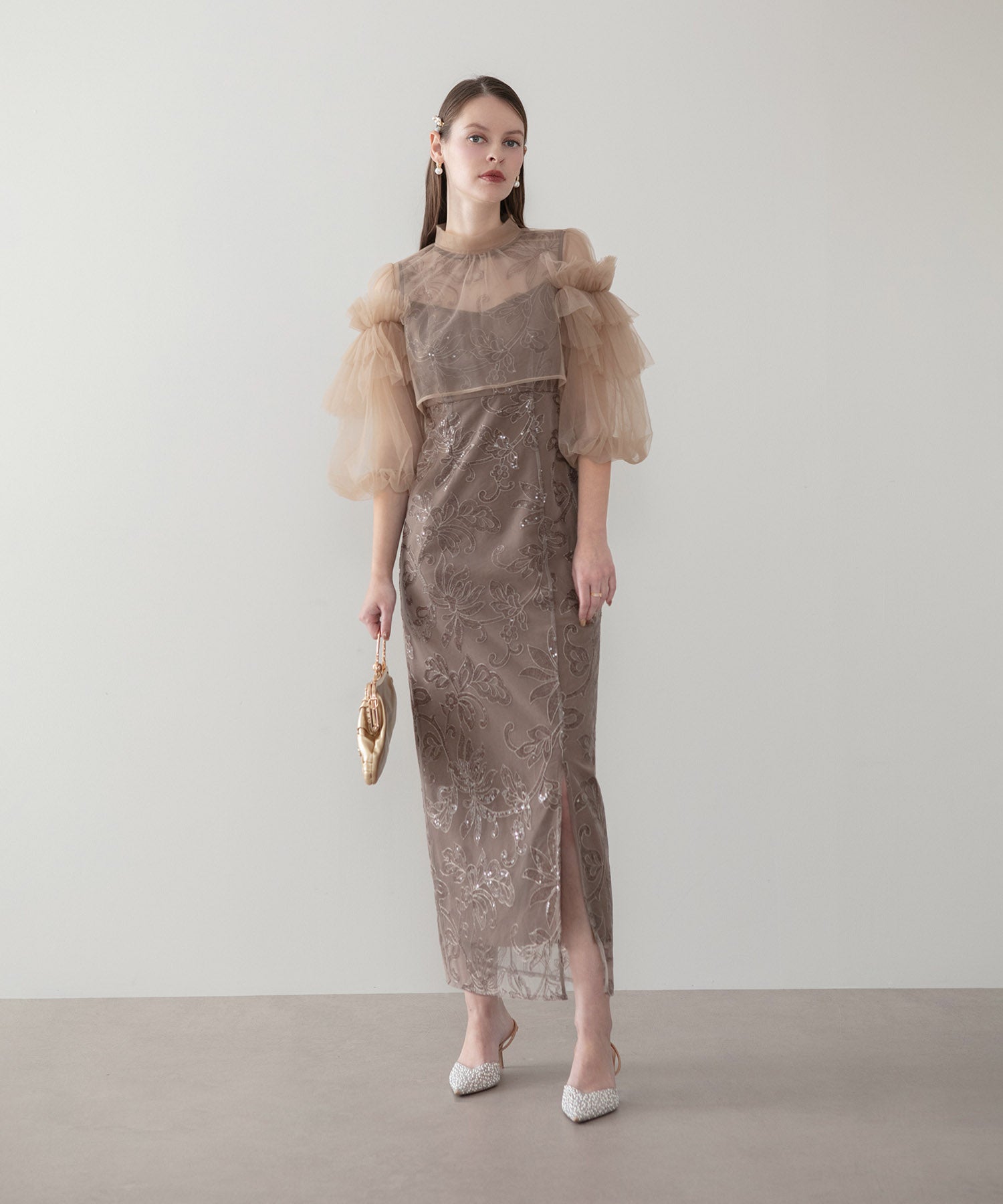 【当日発送】フリルチュールスパンコールフローラルIラインワンピースドレス