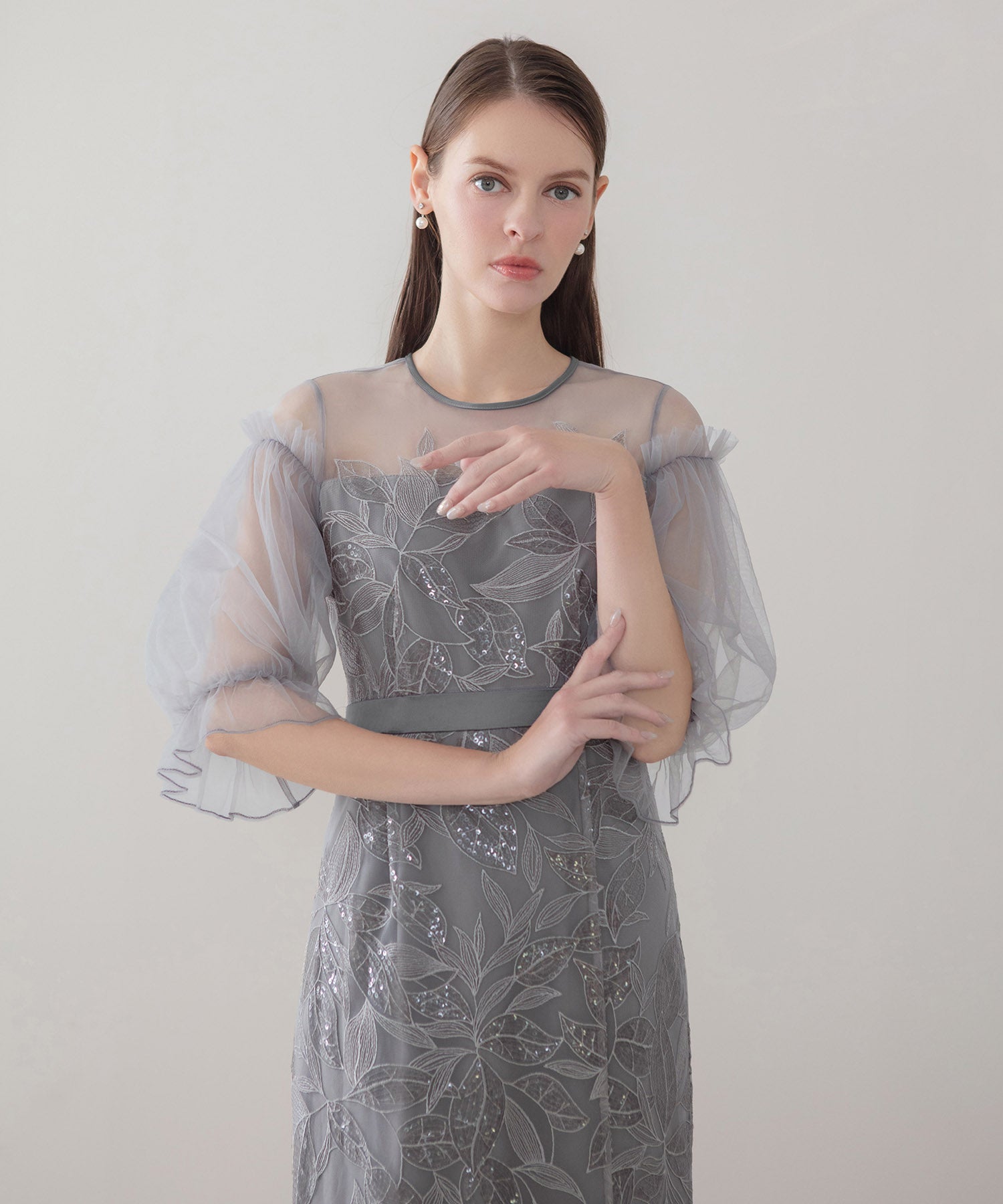 【当日発送】リーフスパンコールチュールパフスリーブIラインワンピースドレス