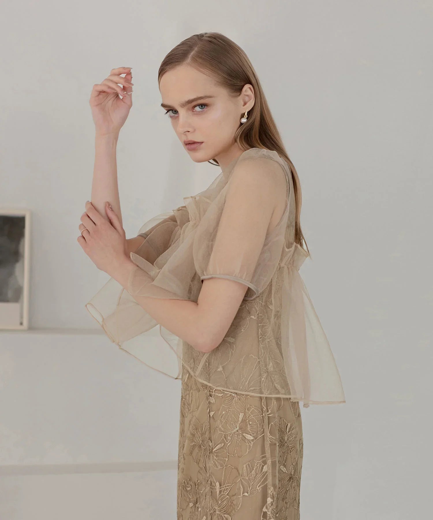 【当日発送】ボリュームシアーフリルジャガードIラインワンピースドレス