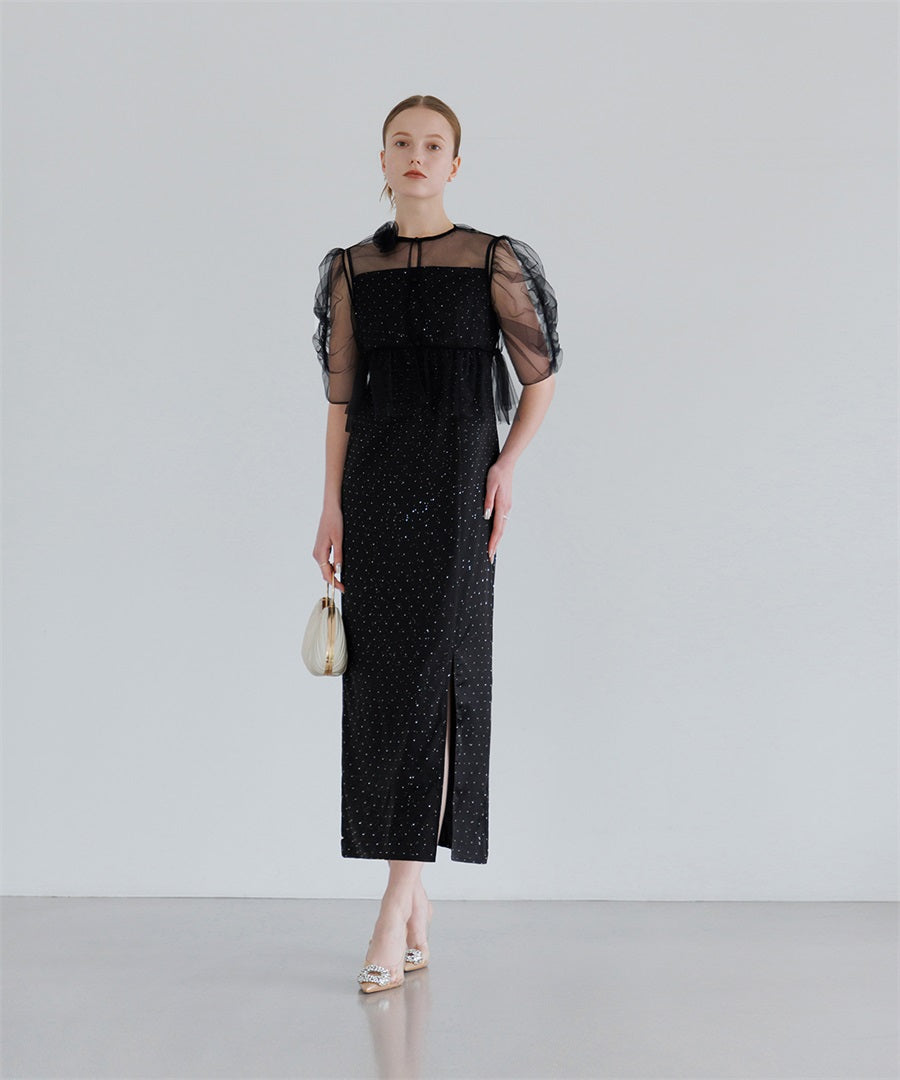 【当日発送】チュールフラワーモチーフドットストーンIラインワンピースドレス