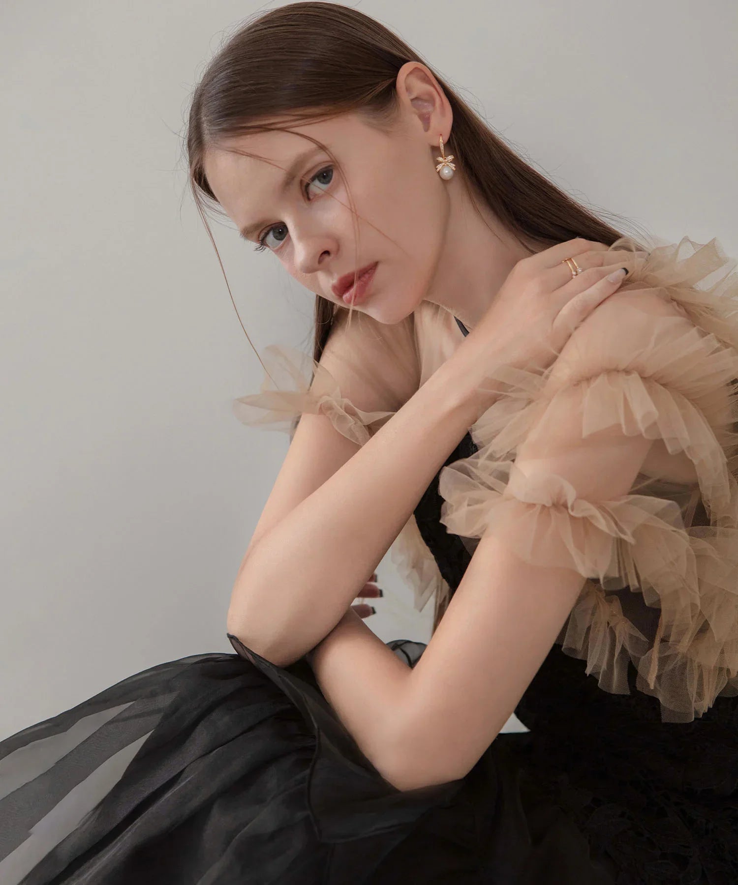 【当日発送】アシンメトリーチュールスリーブレースフリルヘムIラインワンピースドレス