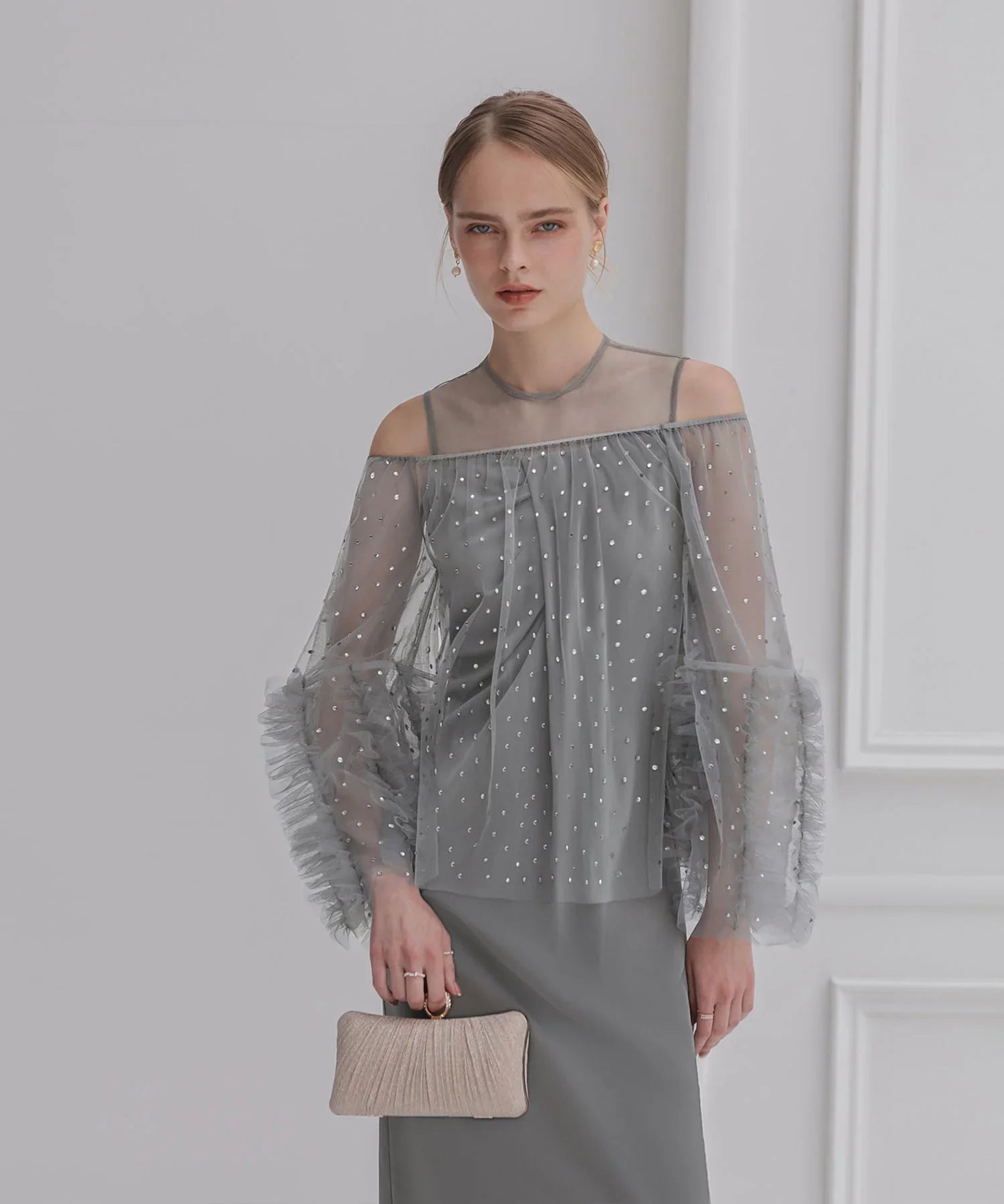 【当日発送】ドットストーンオフショルIラインワンピースドレス