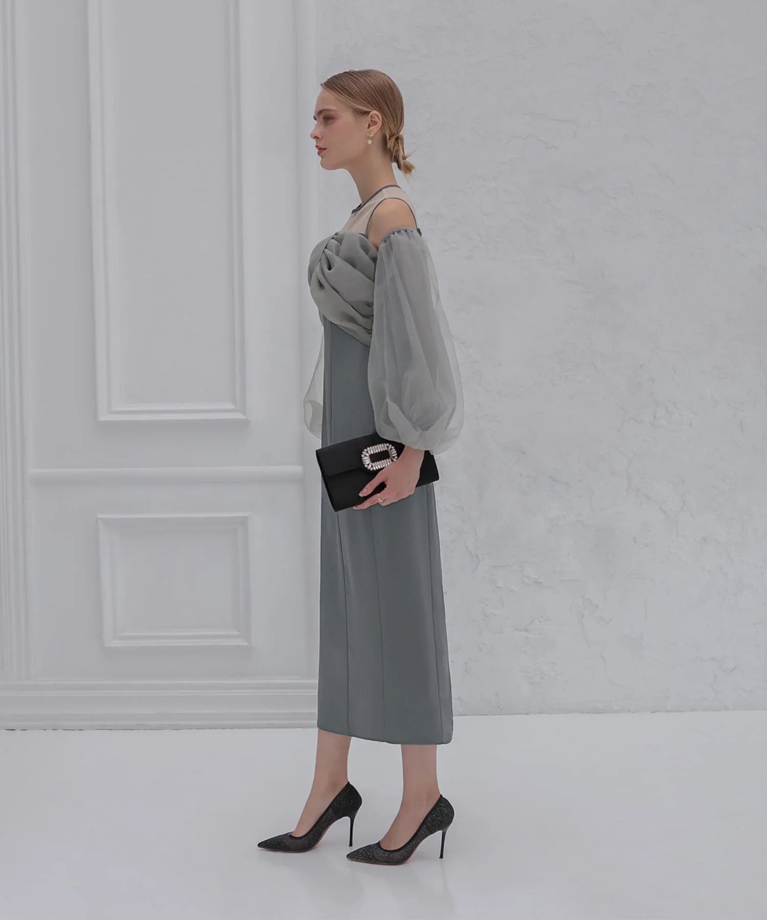 【当日発送】フロントリボンチュールIラインワンピースドレス