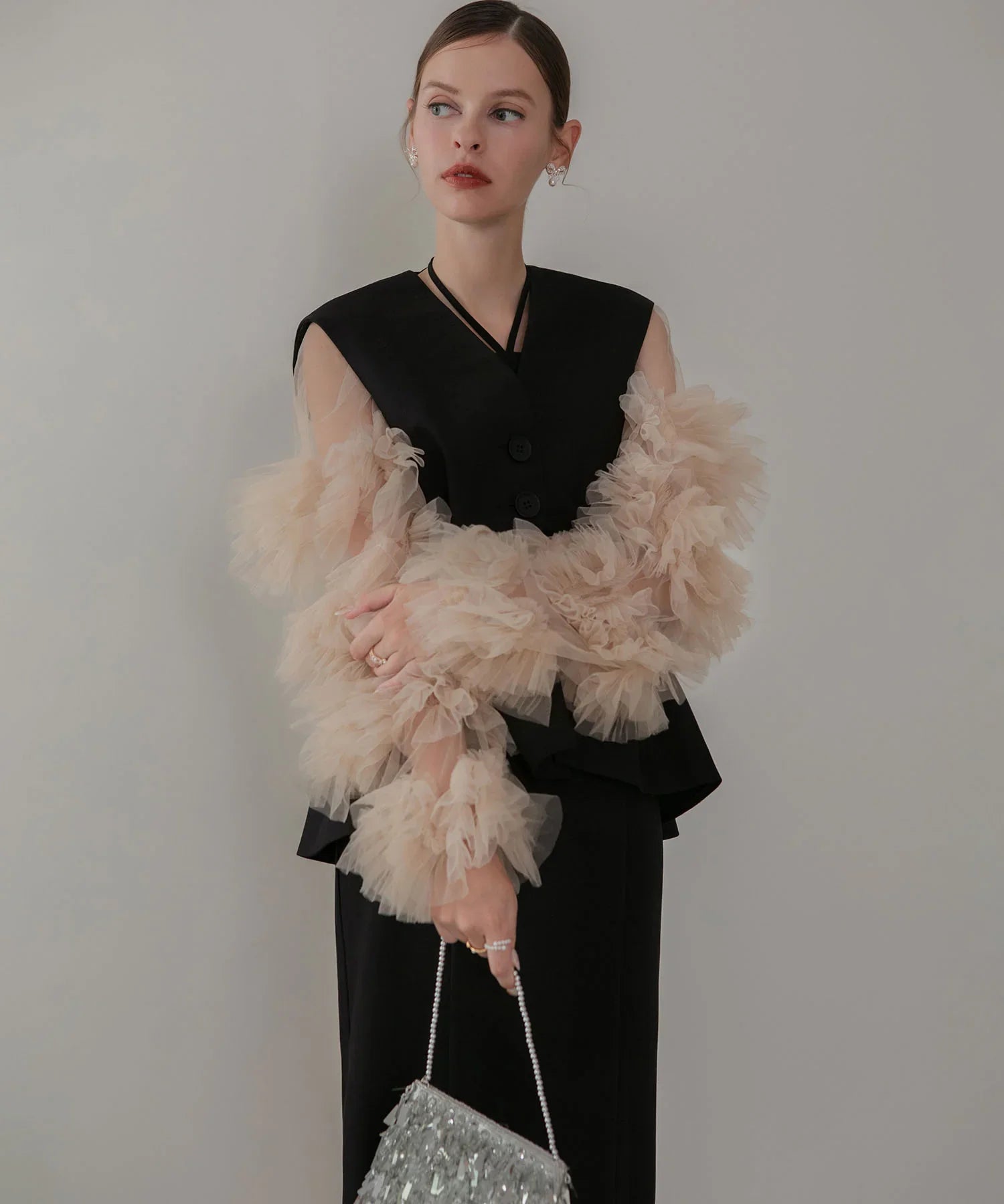 【当日発送】チュールフリルスリーブベストセットワンピースドレス