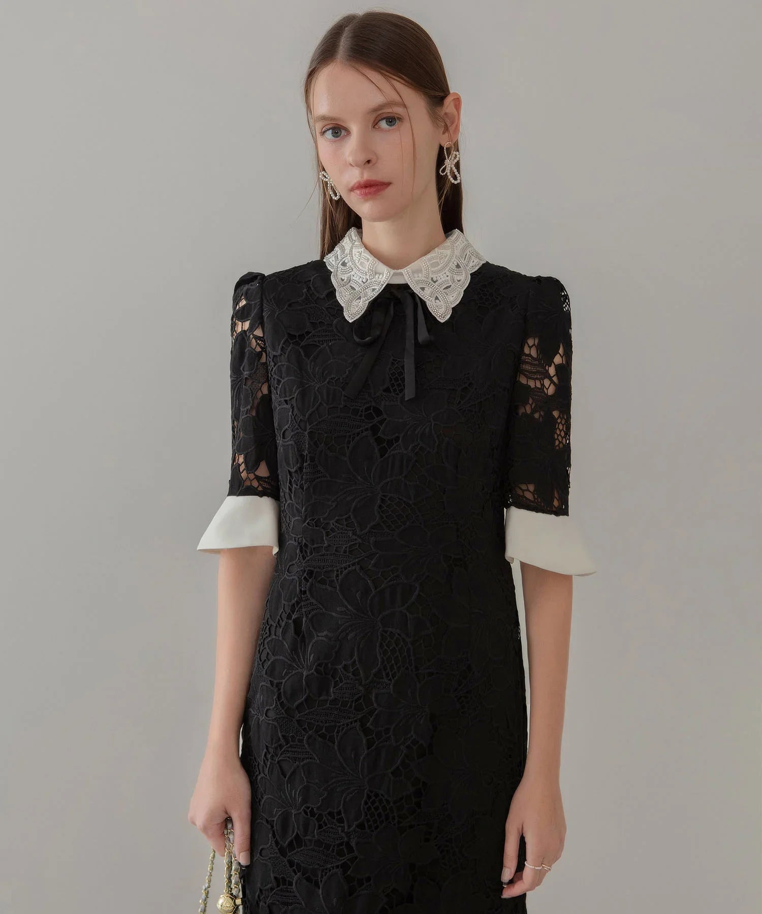 【一部当日発送】パールカラーボウタイフラワーレースフィッシュテールワンピースドレス