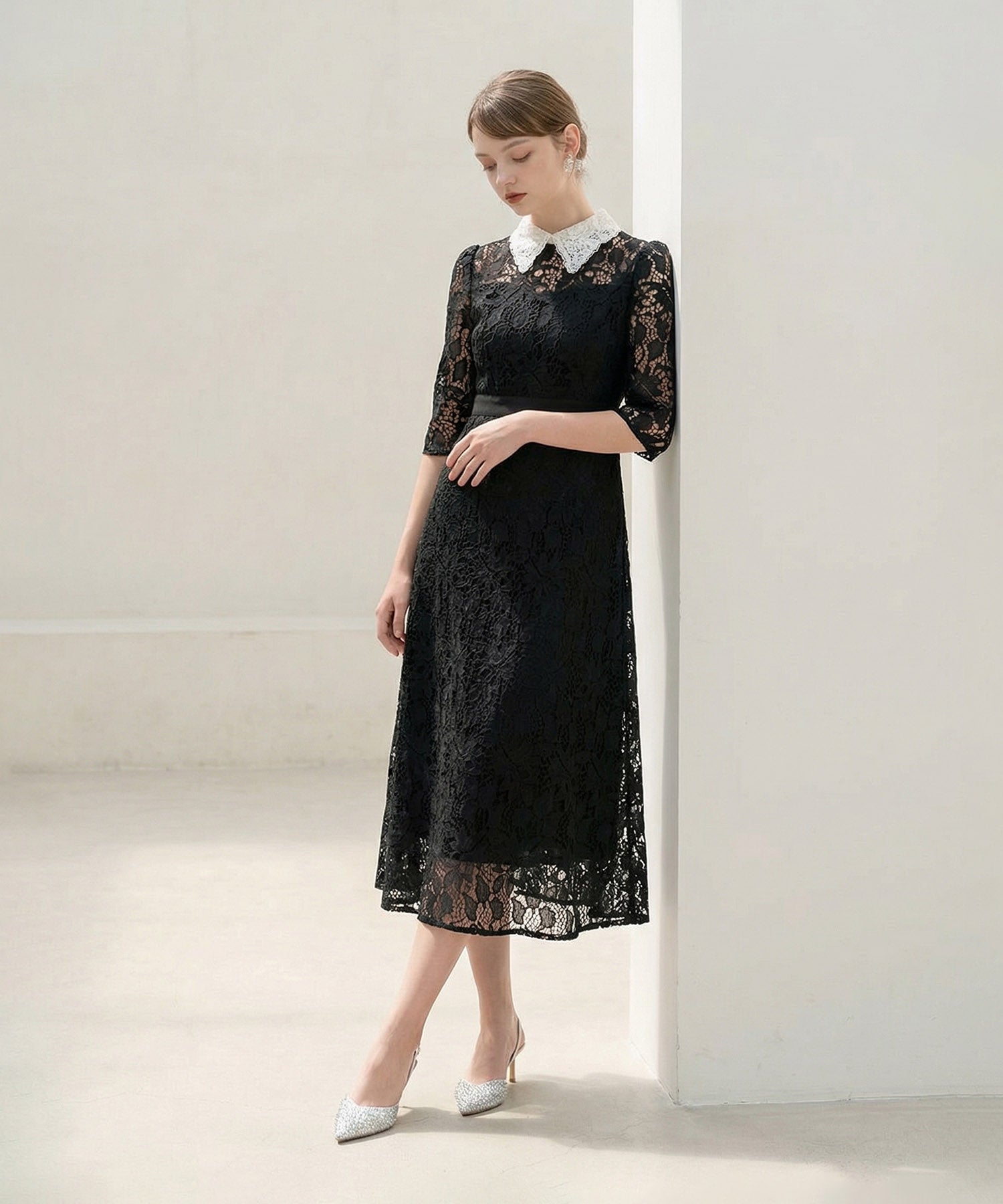 【当日発送】花柄レースビジューカラーAラインワンピースドレス