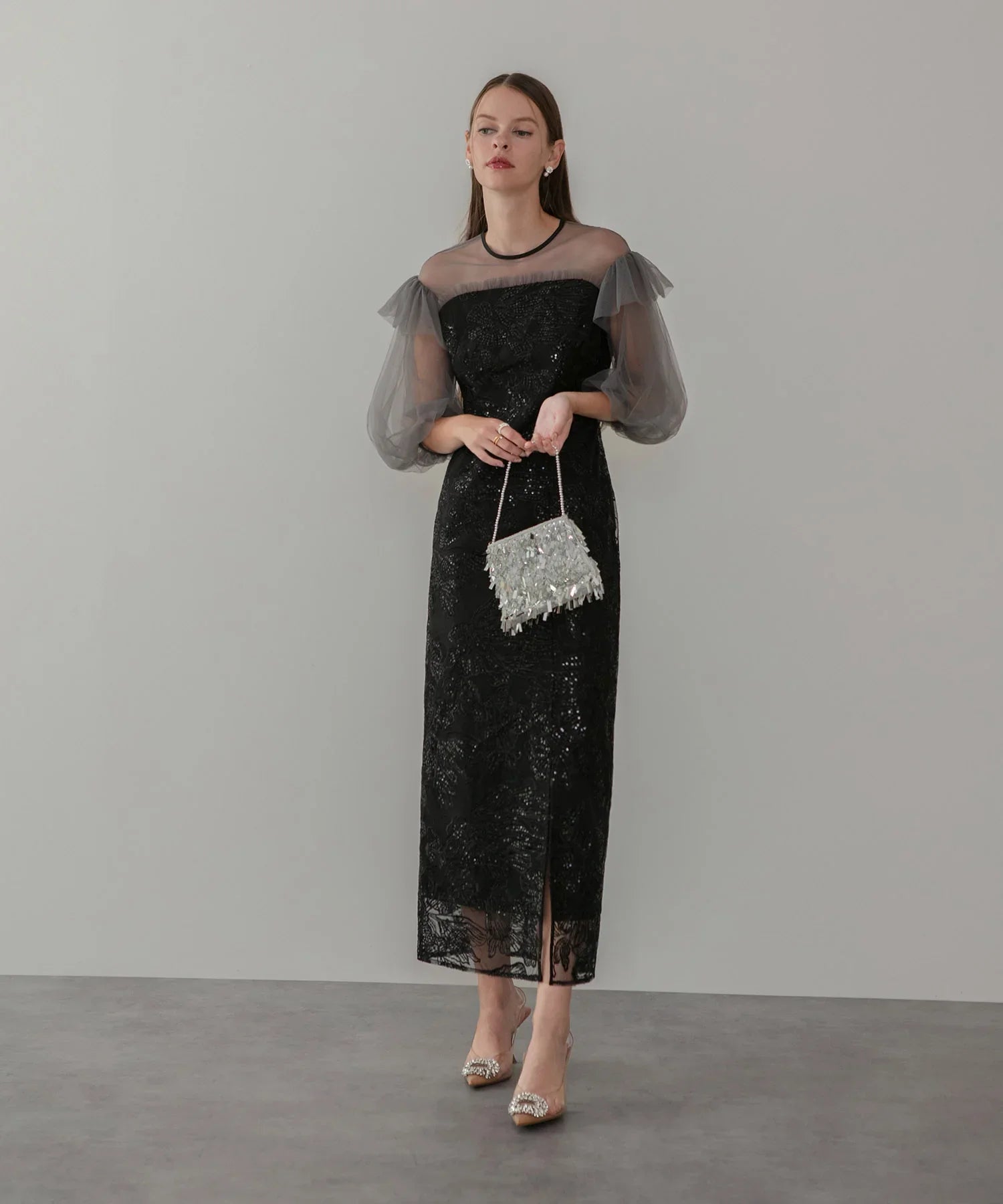 【一部当日発送】フラワースパンコールシアーフリルスリーブIラインワンピースドレス