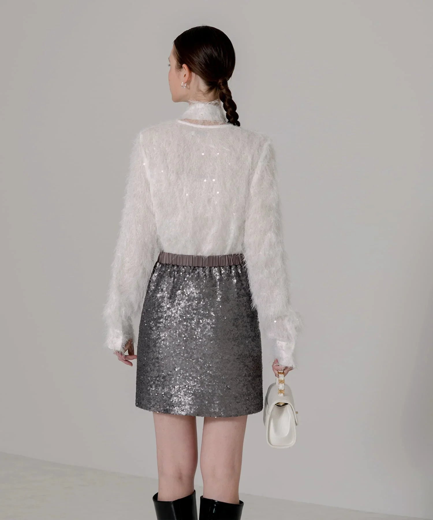 【当日発送】リボン2WAYフェザーファブリックスパンコールブラウス