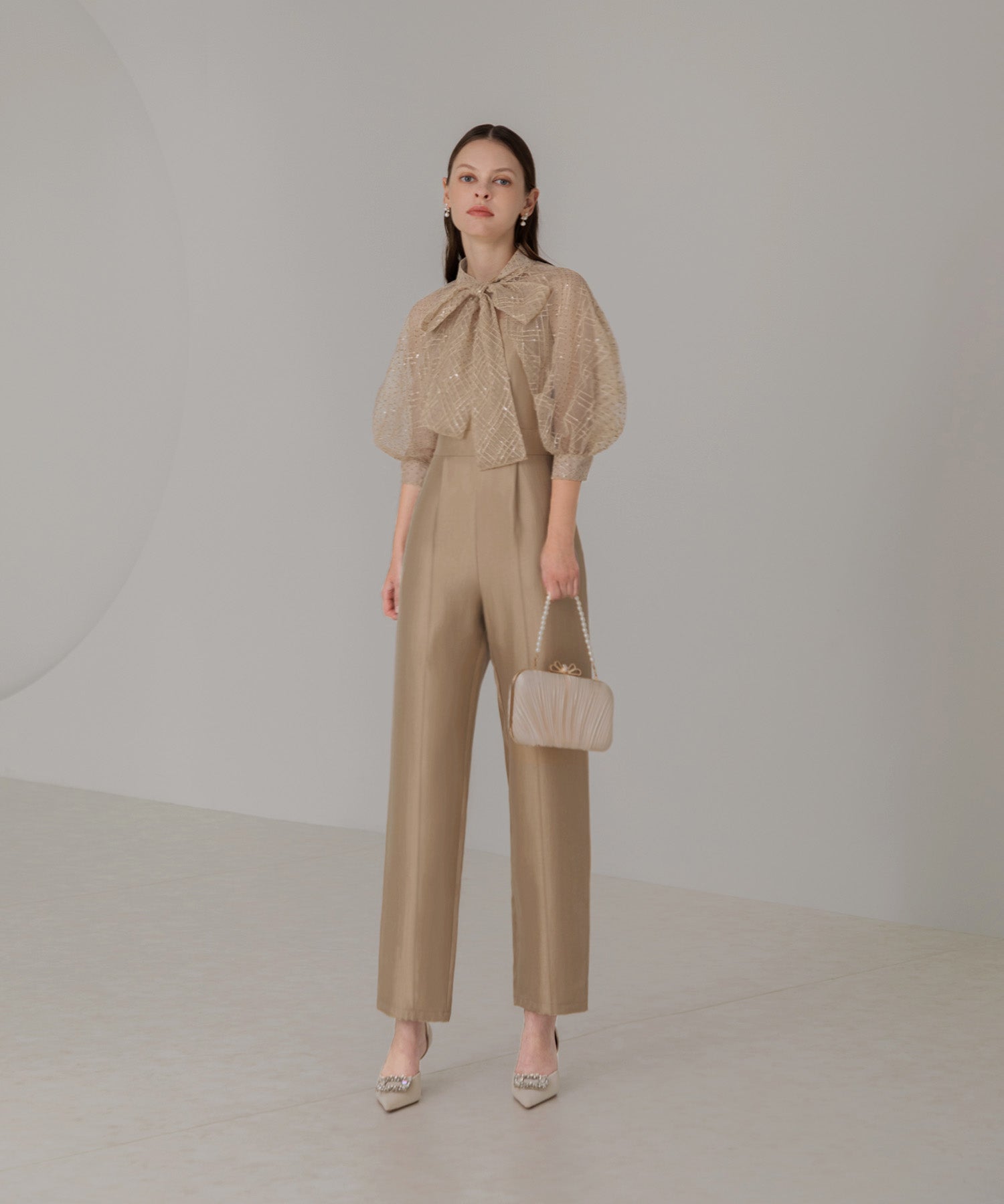 【当日発送】ドットスパンコールリボンボレロオールインワンパンツドレス