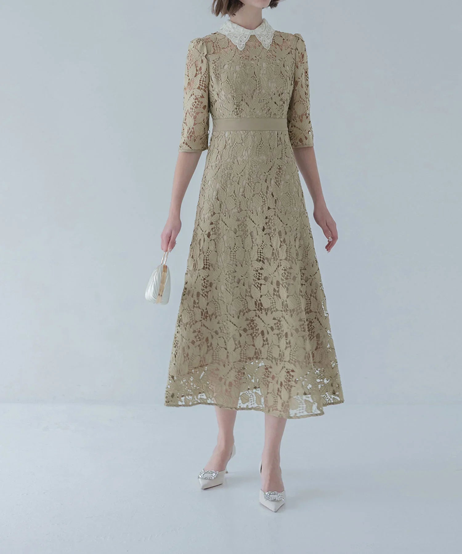 【一部当日発送】花柄レースビジューカラーAラインワンピースドレス