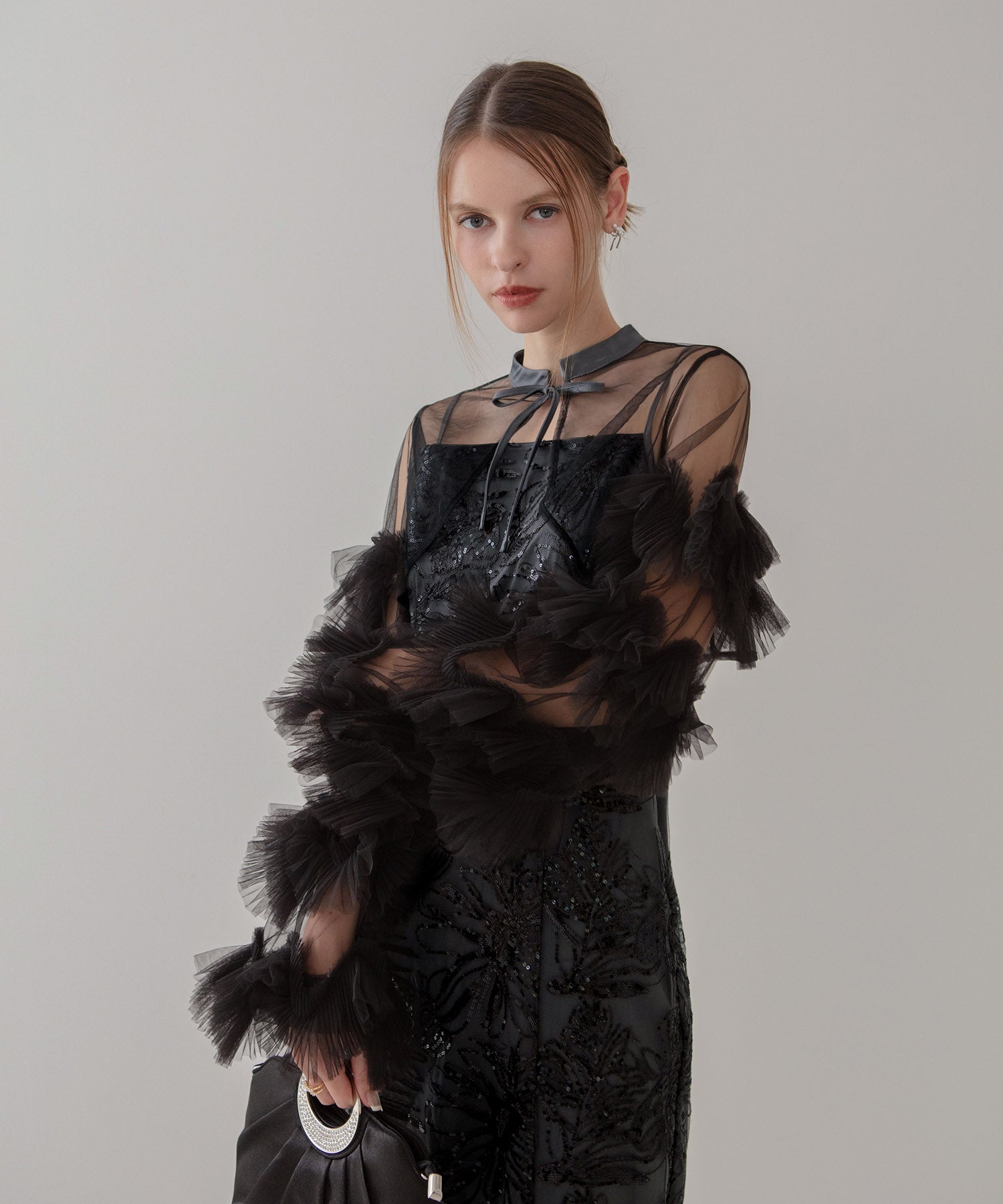 【一部当日発送】フリルチュールスリーブリボンIラインワンピースドレス