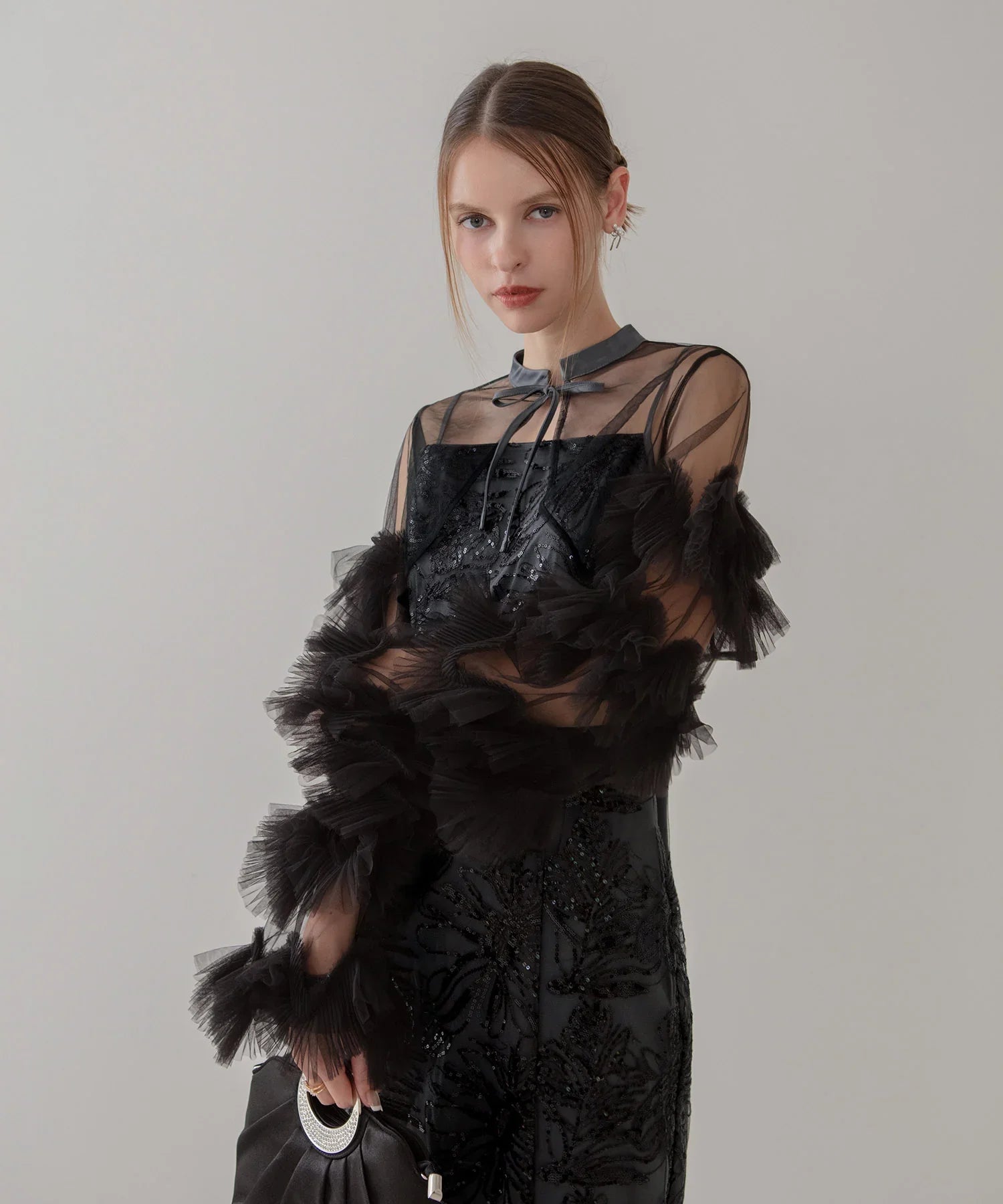 【当日発送】フリルチュールスリーブリボンIラインワンピースドレス