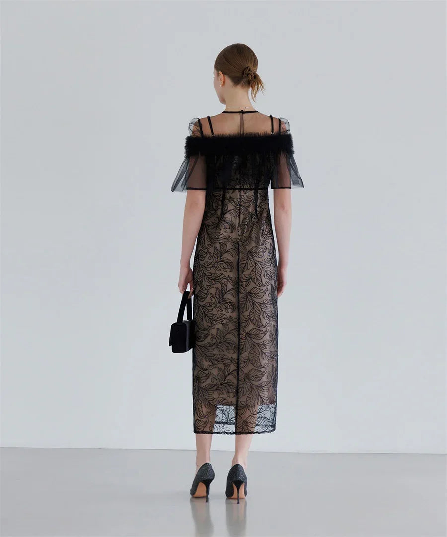 【当日発送】3WAYフラワーチュールアシンメトリーIラインワンピースドレス