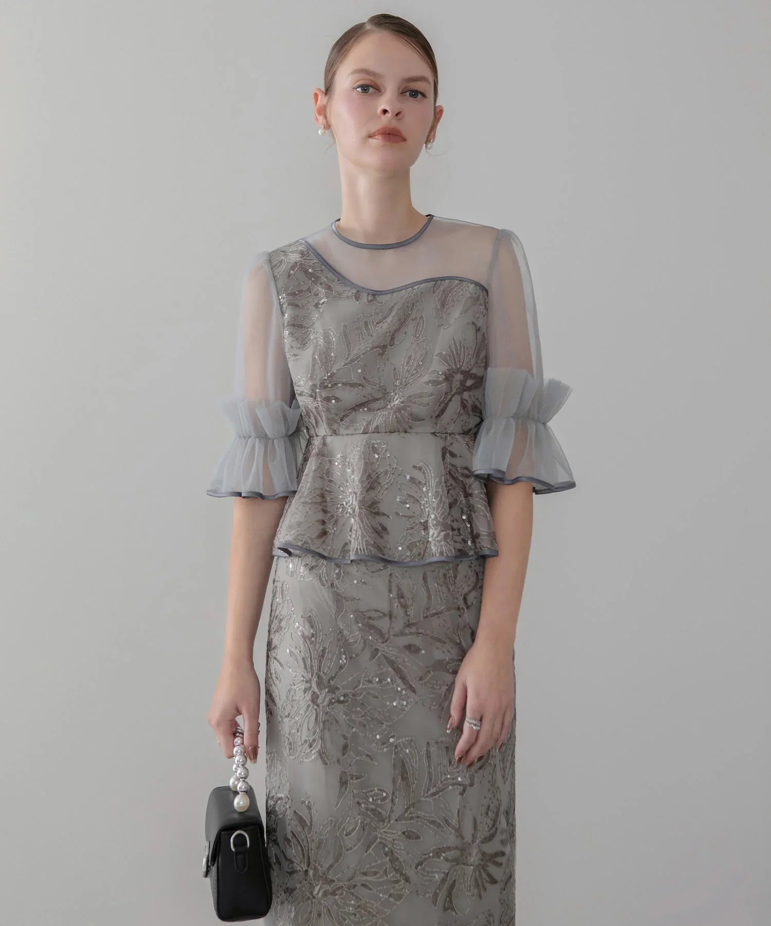 【SOLD OUT】アシンメトリーシアーフラワースパンコールフリルチュール セットアップドレス