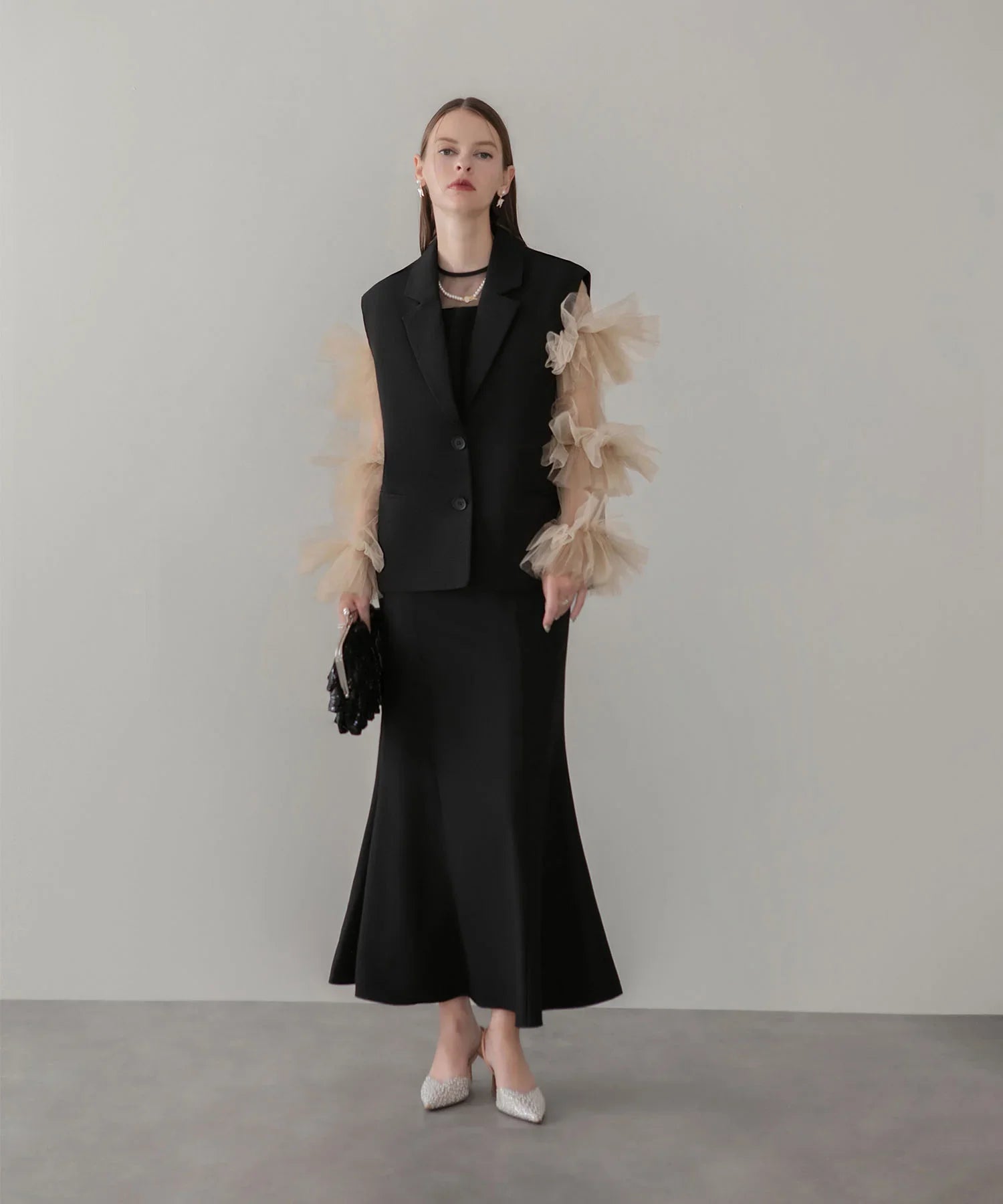 【当日発送】ボリュームチュールスリーブベストセットアップドレス