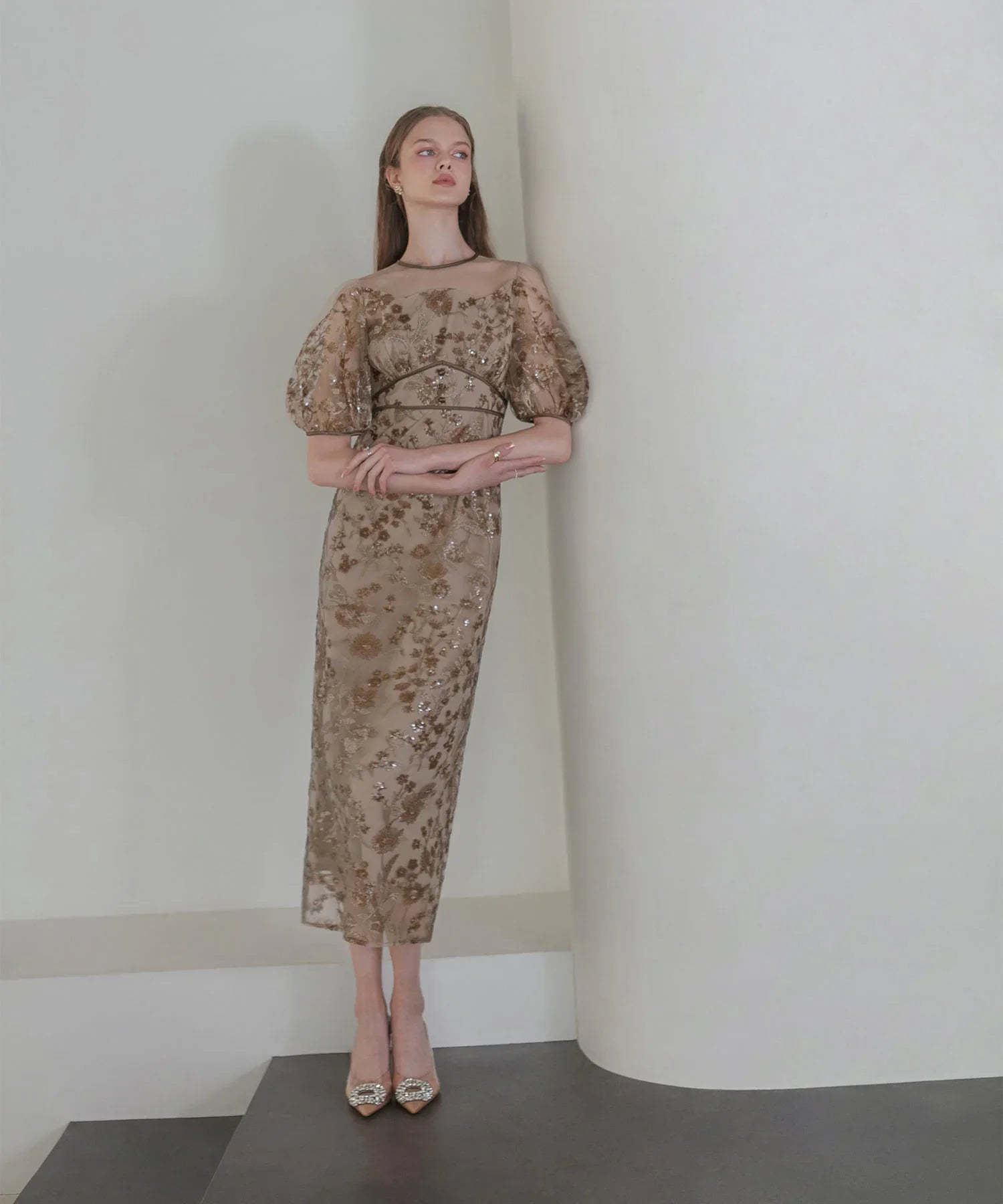 【当日発送】フラワーディテールパフスリーブIラインワンピースドレス