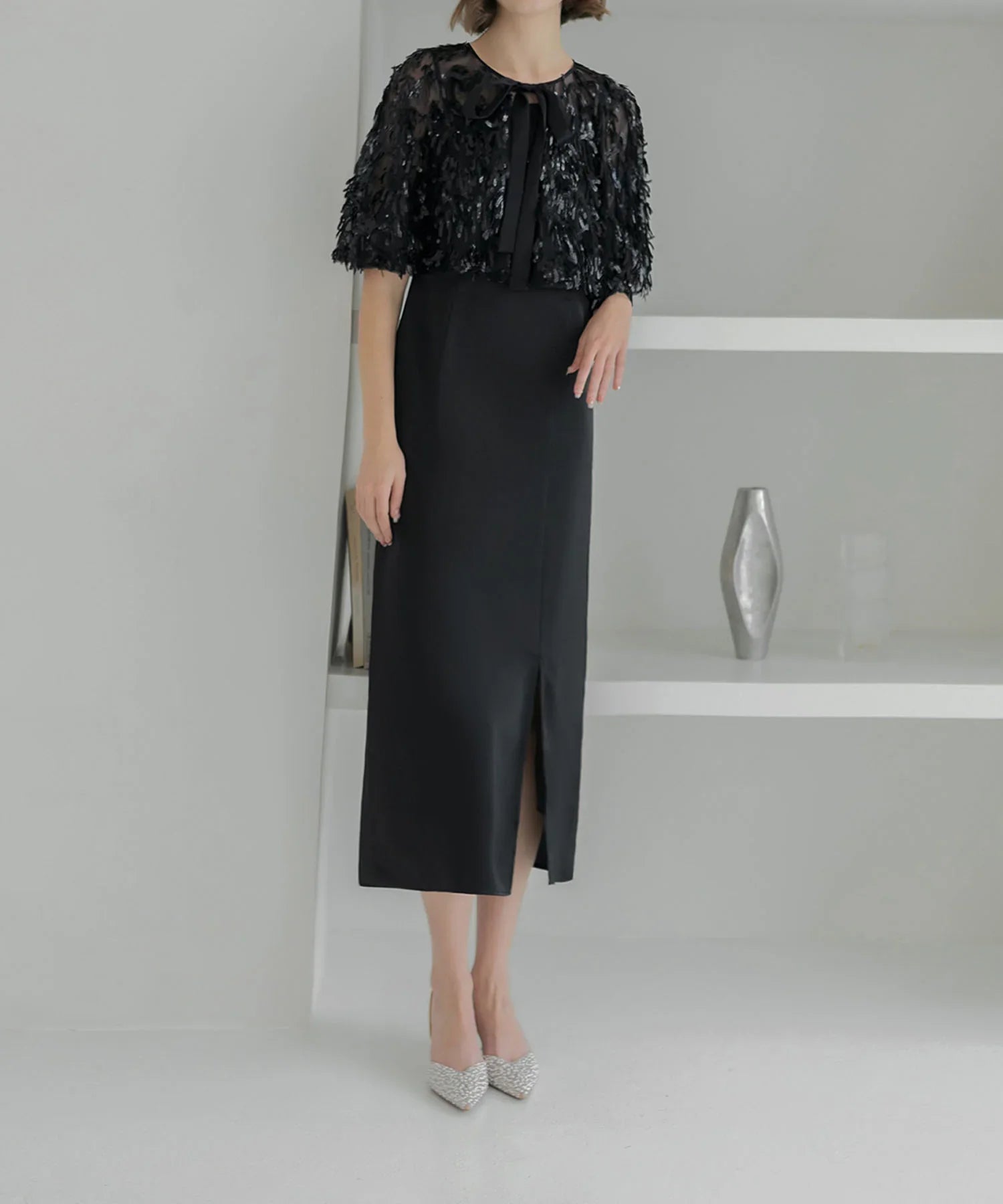 【当日発送】スパンコールフリンジケープ Iラインワンピースドレス