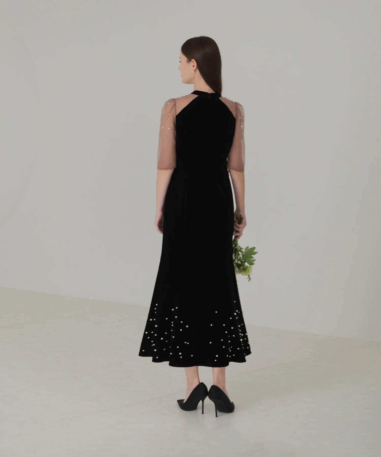 【当日発送】シアースリーブパールビジューベロアマーメイドワンピースドレス