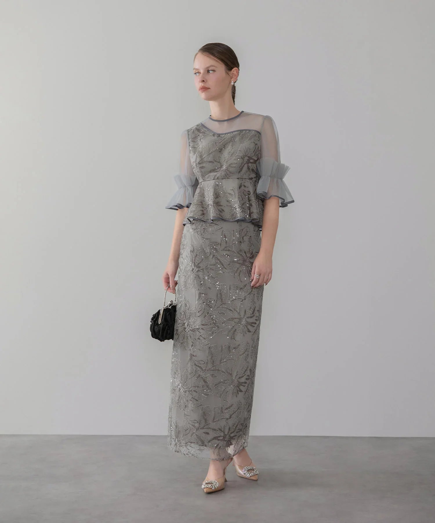 【SOLD OUT】アシンメトリーシアーフラワースパンコールフリルチュール セットアップドレス