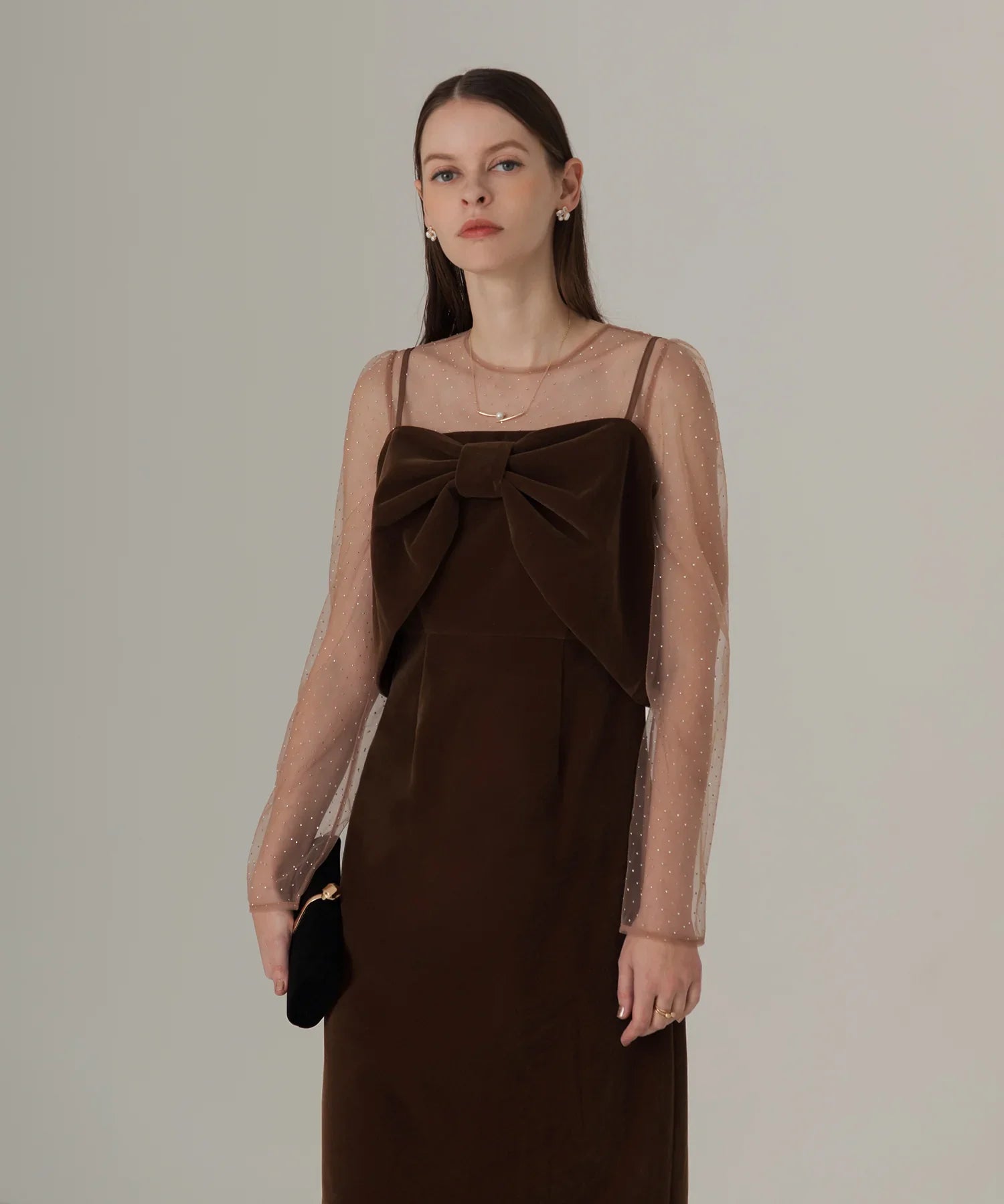 【当日発送】2WAYリボンビスチェドットストーンベロアワンピースドレス