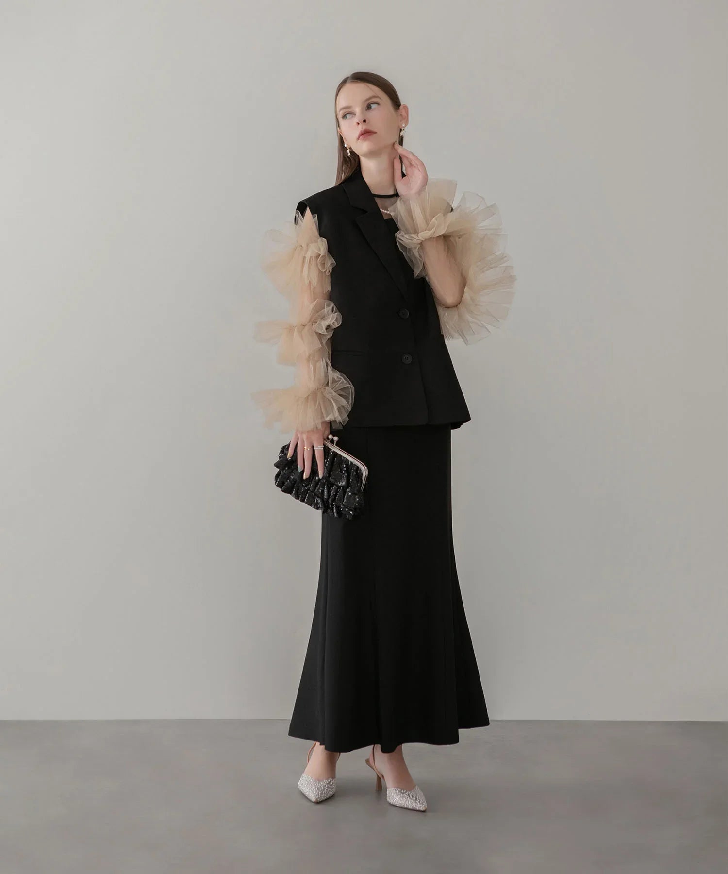 【当日発送】ボリュームチュールスリーブベストセットアップドレス