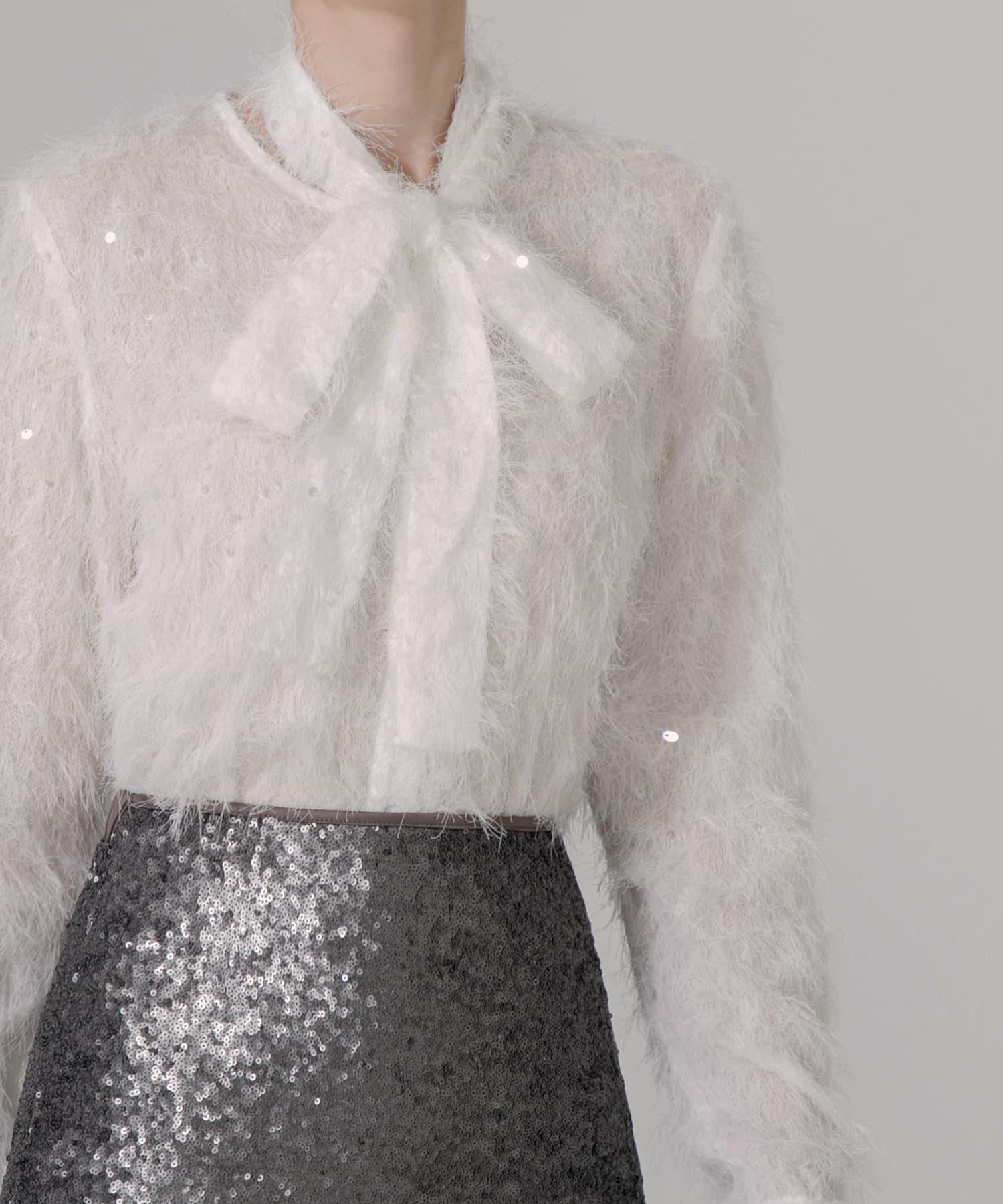 【当日発送】リボン2WAYフェザーファブリックスパンコールブラウス