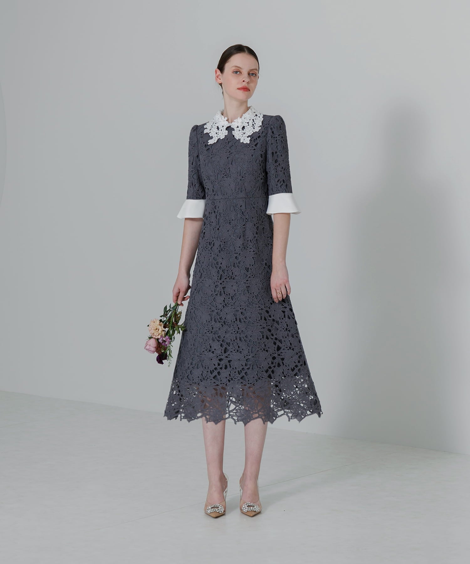 【当日発送】花柄レースカラースパンコールAラインワンピースドレス