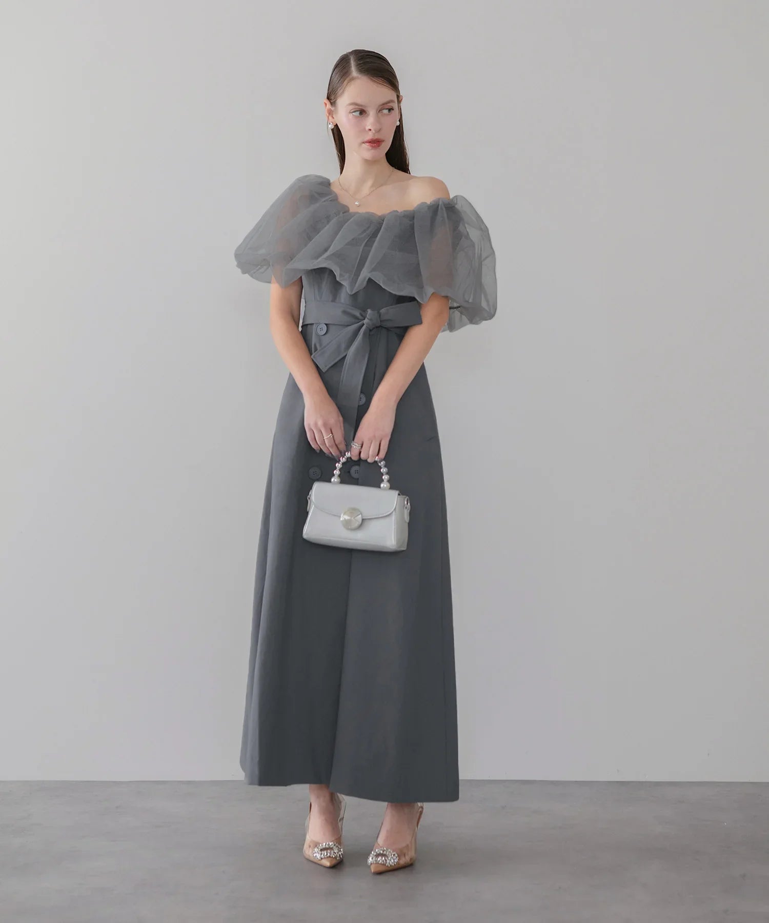 【当日発送】3WAYオフショルチュールトレンチディティールワンピ―スドレス