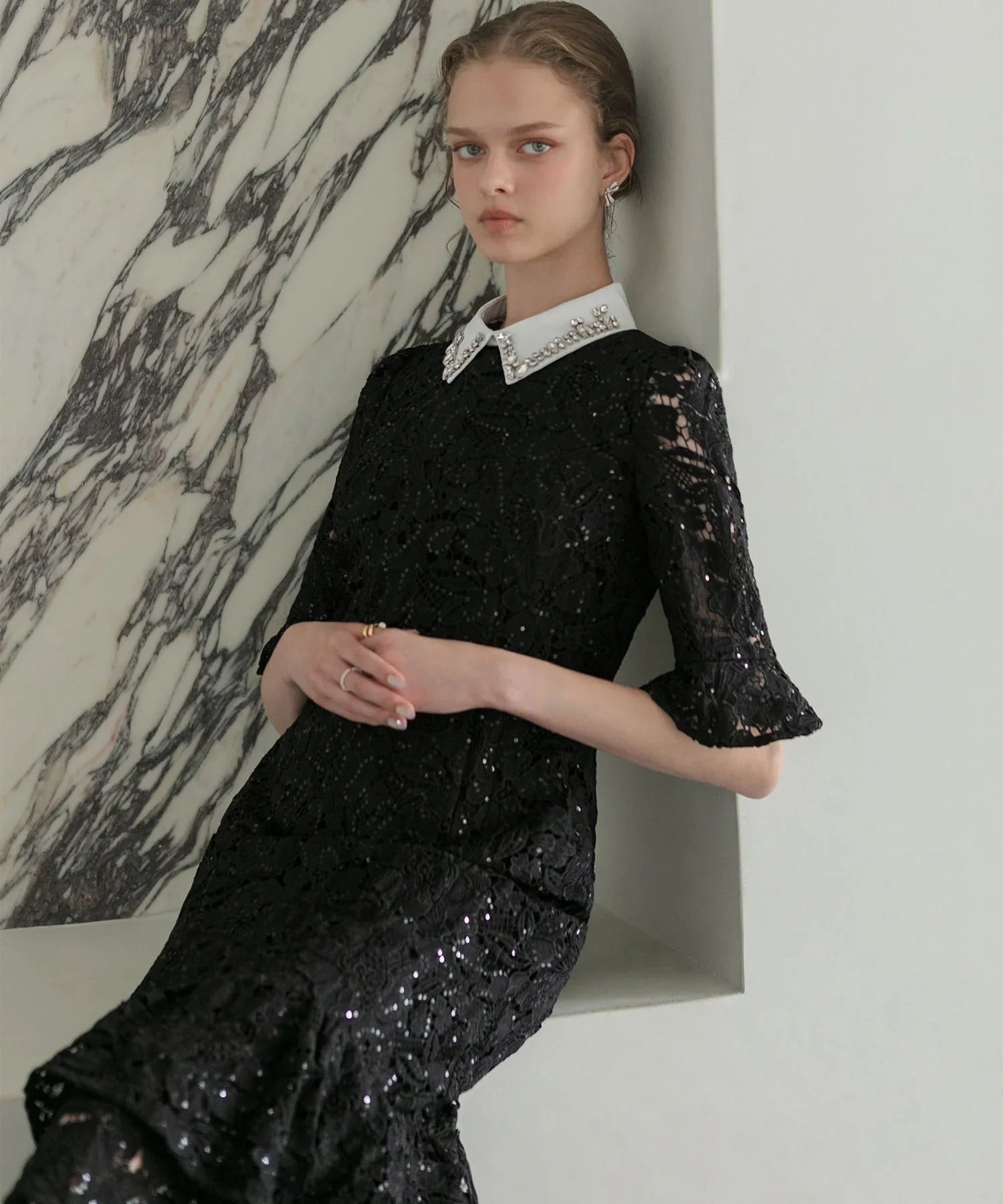 【当日発送】ビジューカラーフラワーフリルマーメイドワンピースドレス