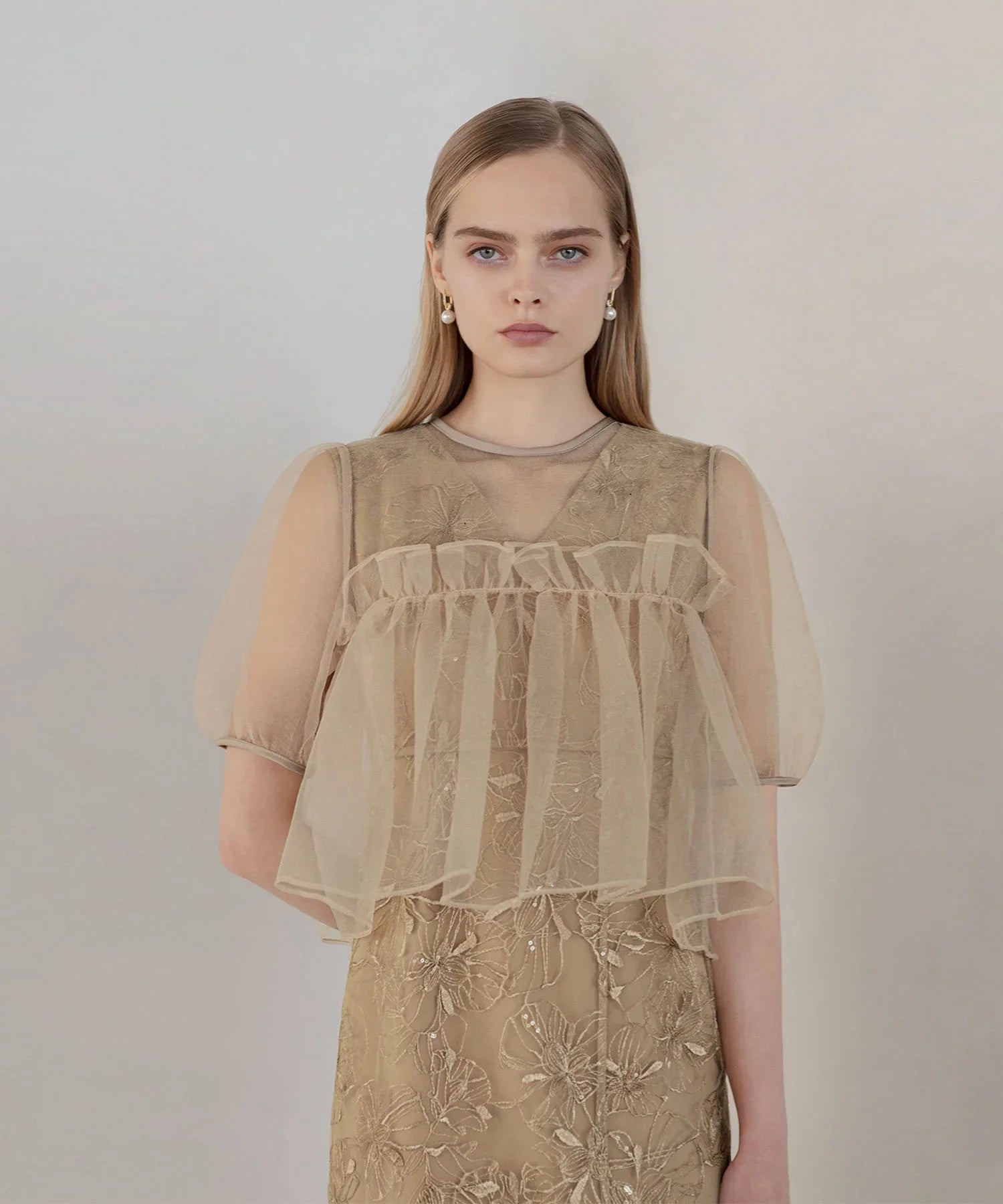 【当日発送】ボリュームシアーフリルジャガードIラインワンピースドレス