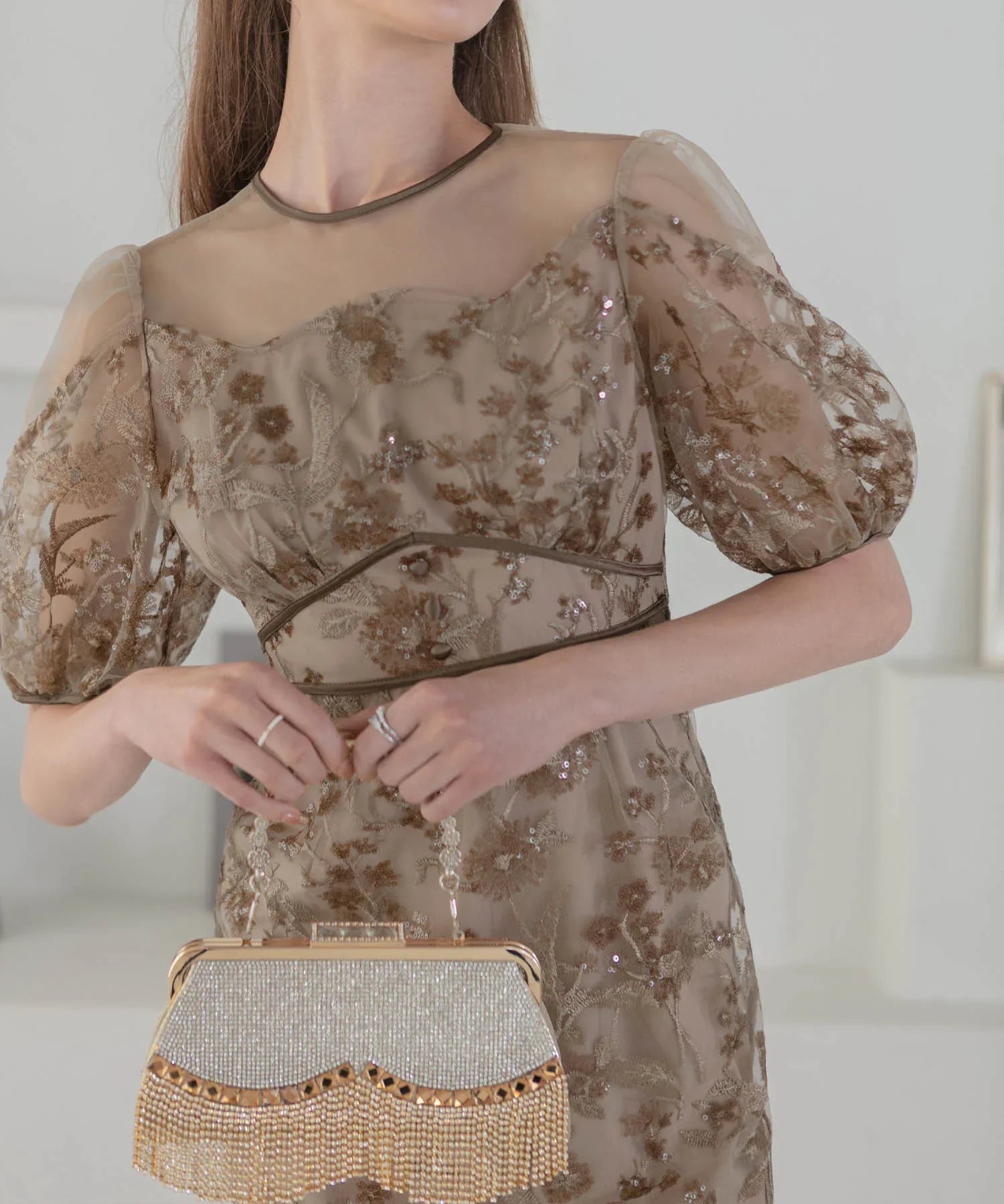 【当日発送】フラワーディテールパフスリーブIラインワンピースドレス