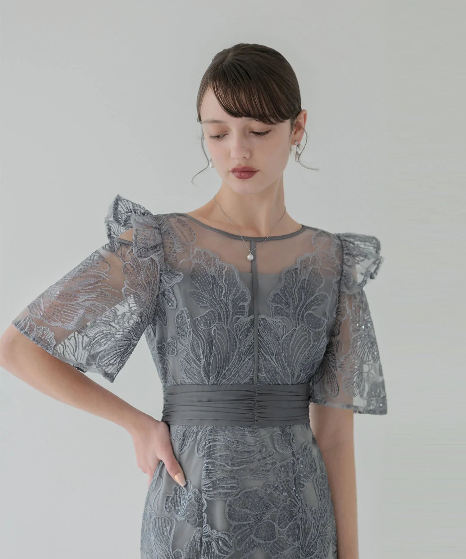 【当日発送】フラワーレースシアーフリルマーメイドワンピースドレス