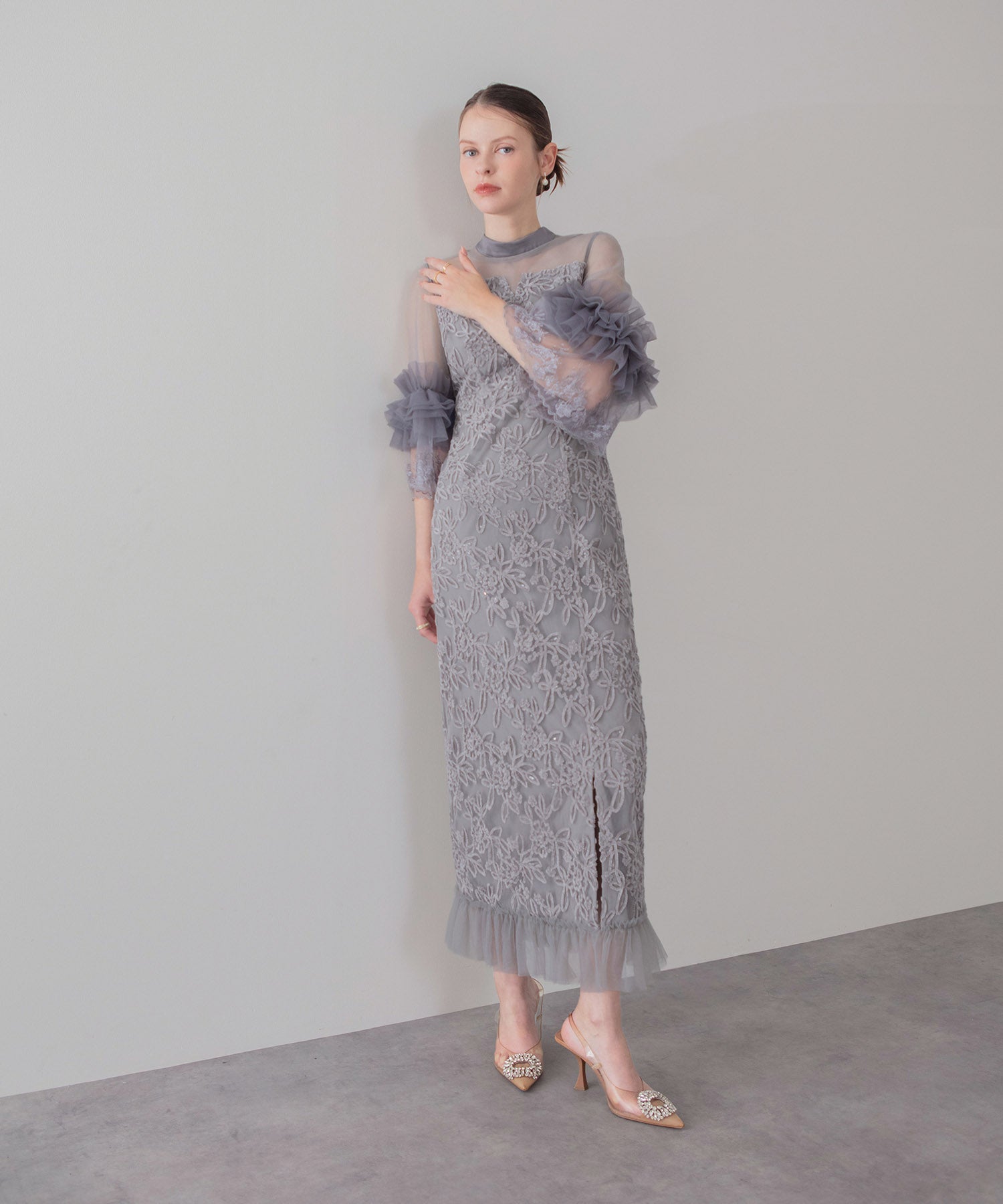 【COMING SOON】シアーチュールフラワーレースIラインワンピースドレス