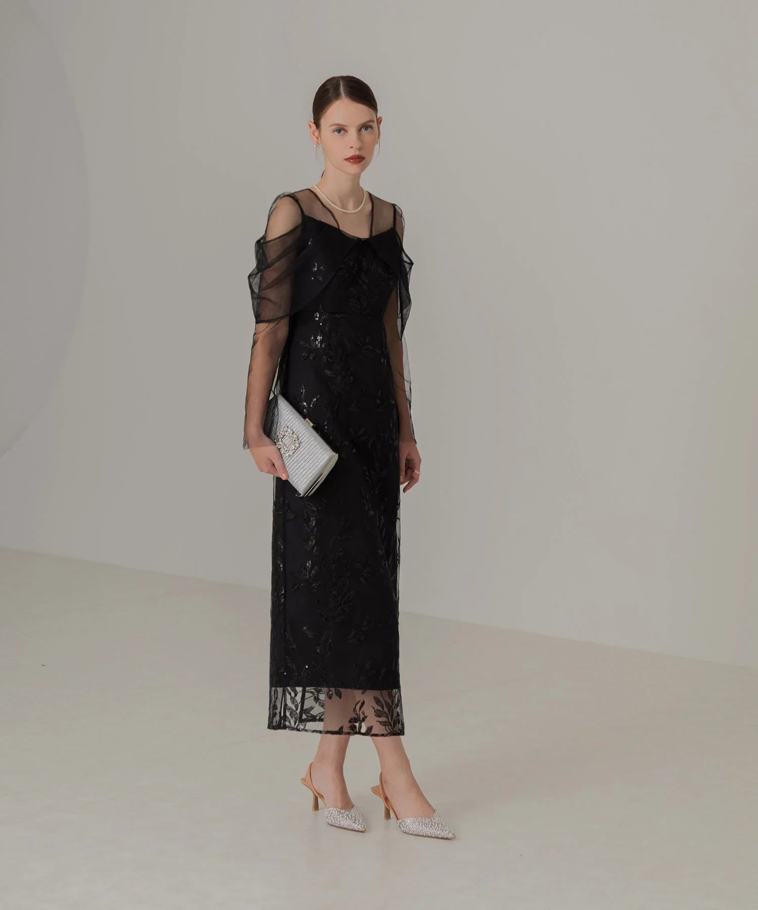 【一部当日発送】チュールロングスリーブリーフIラインワンピースドレス