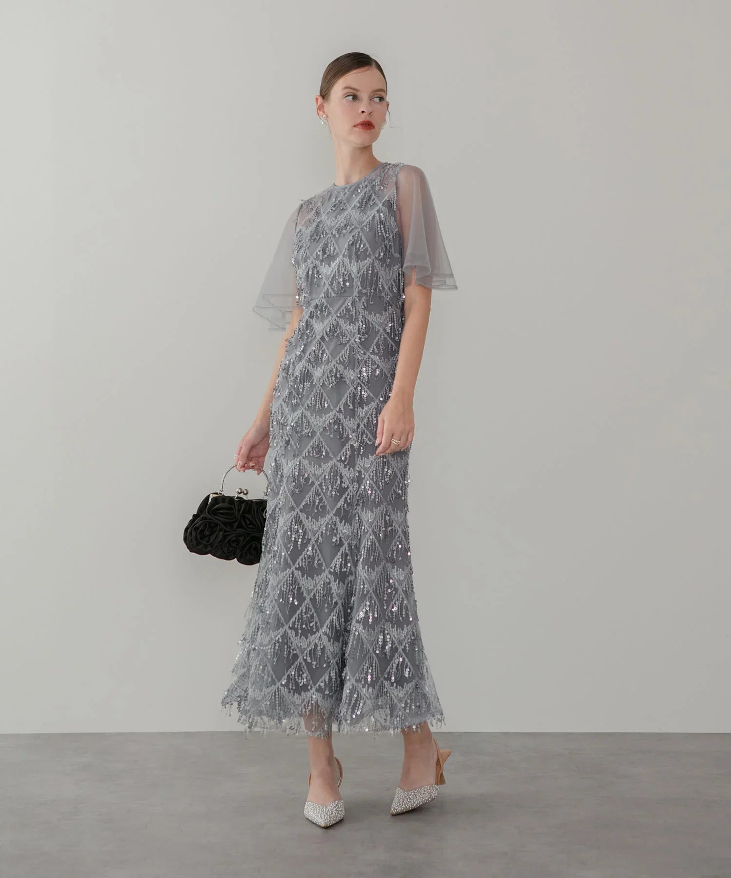 【当日発送】チュールスリーブスパンコールマーメイドワンピースドレス