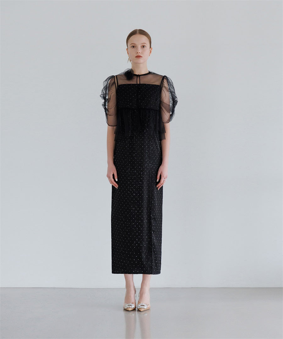 【当日発送】チュールフラワーモチーフドットストーンIラインワンピースドレス
