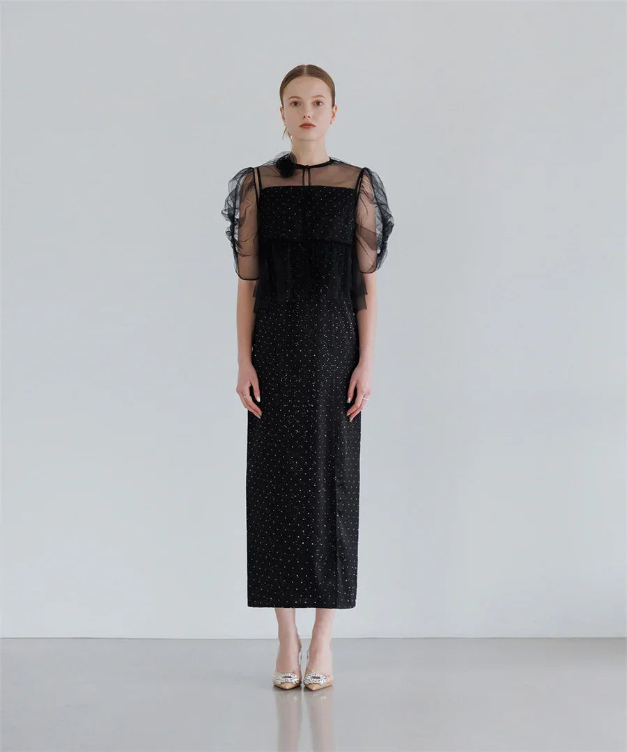 【当日発送】チュールフラワーモチーフドットストーンIラインワンピースドレス