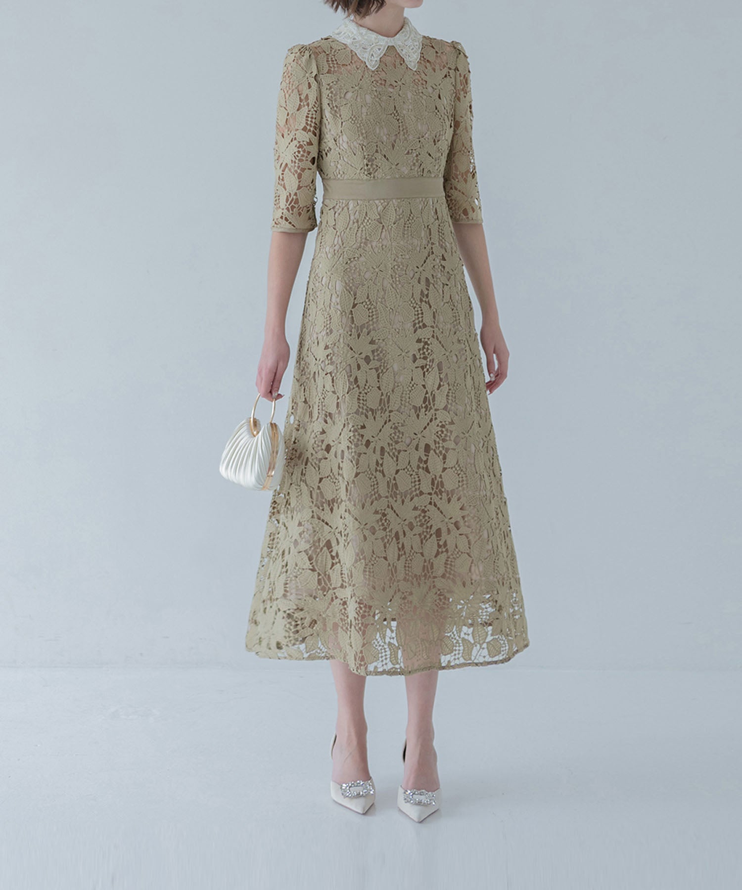 【一部当日発送】花柄レースビジューカラーAラインワンピースドレス