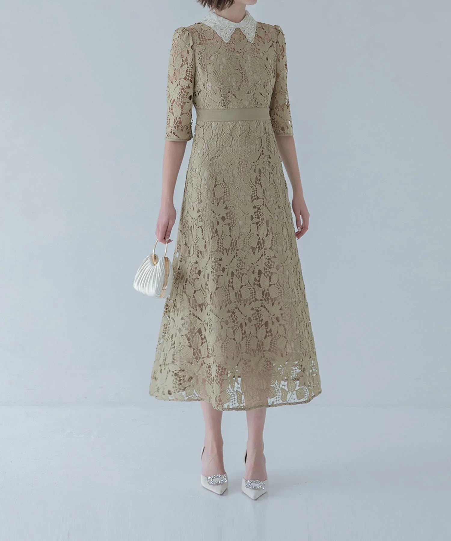 【一部当日発送】花柄レースビジューカラーAラインワンピースドレス