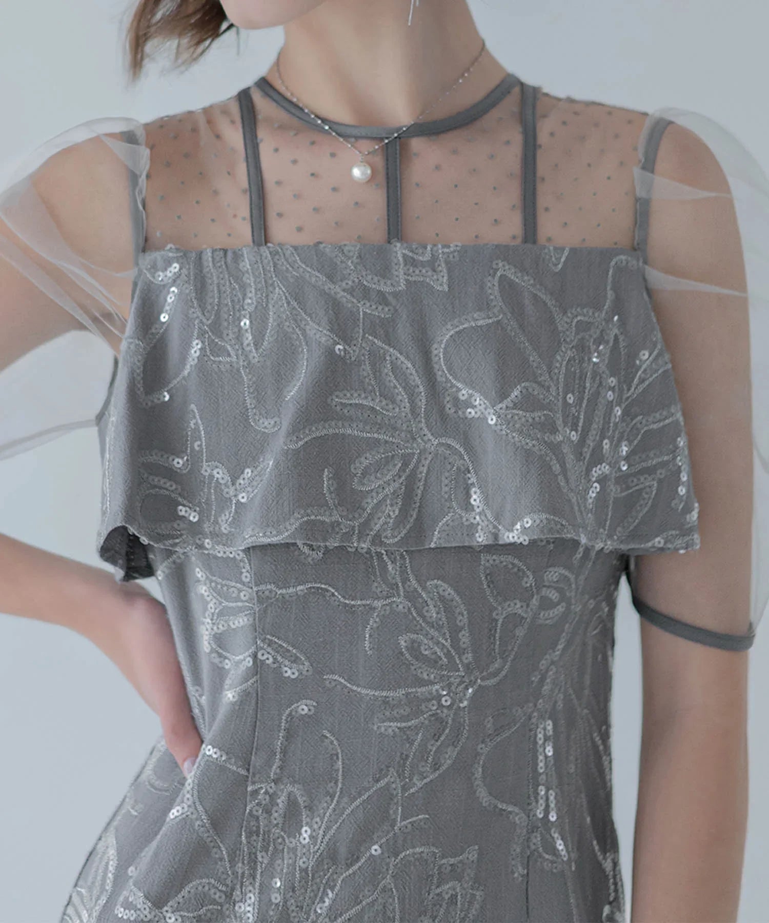 【当日発送】ドットチュールフラワースパンコールIラインワンピースドレス